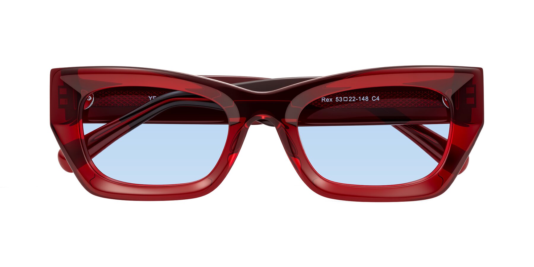 Folded Front of Rex in Wine with Light Blue Tinted Lenses