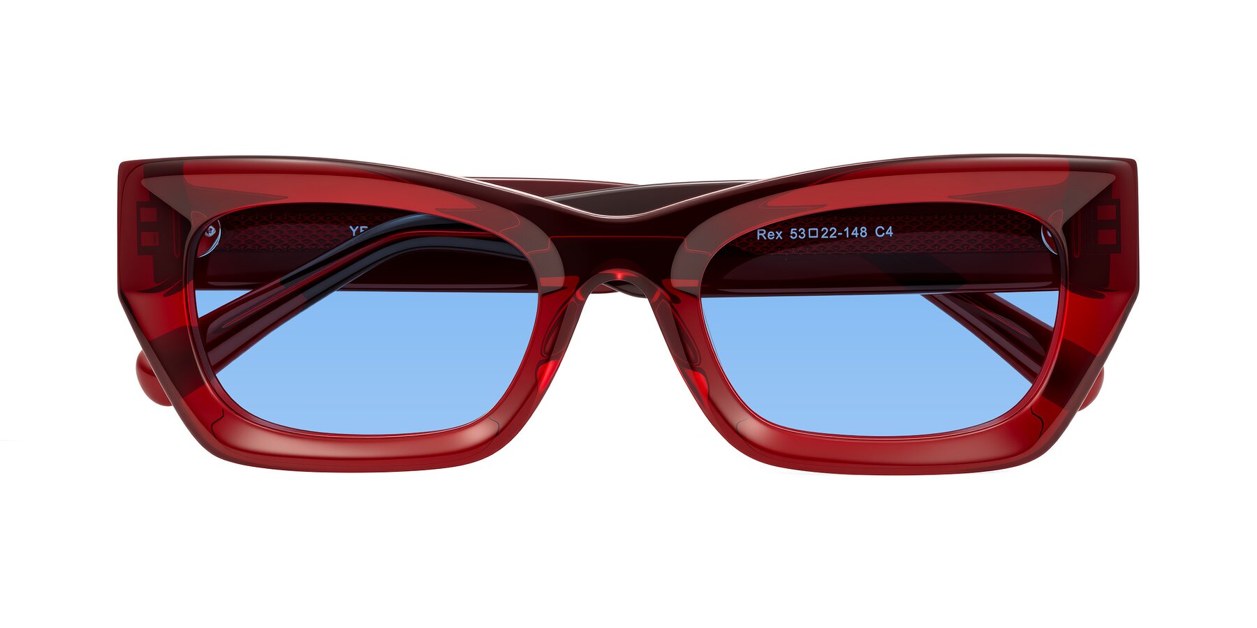 Folded Front of Rex in Wine with Medium Blue Tinted Lenses