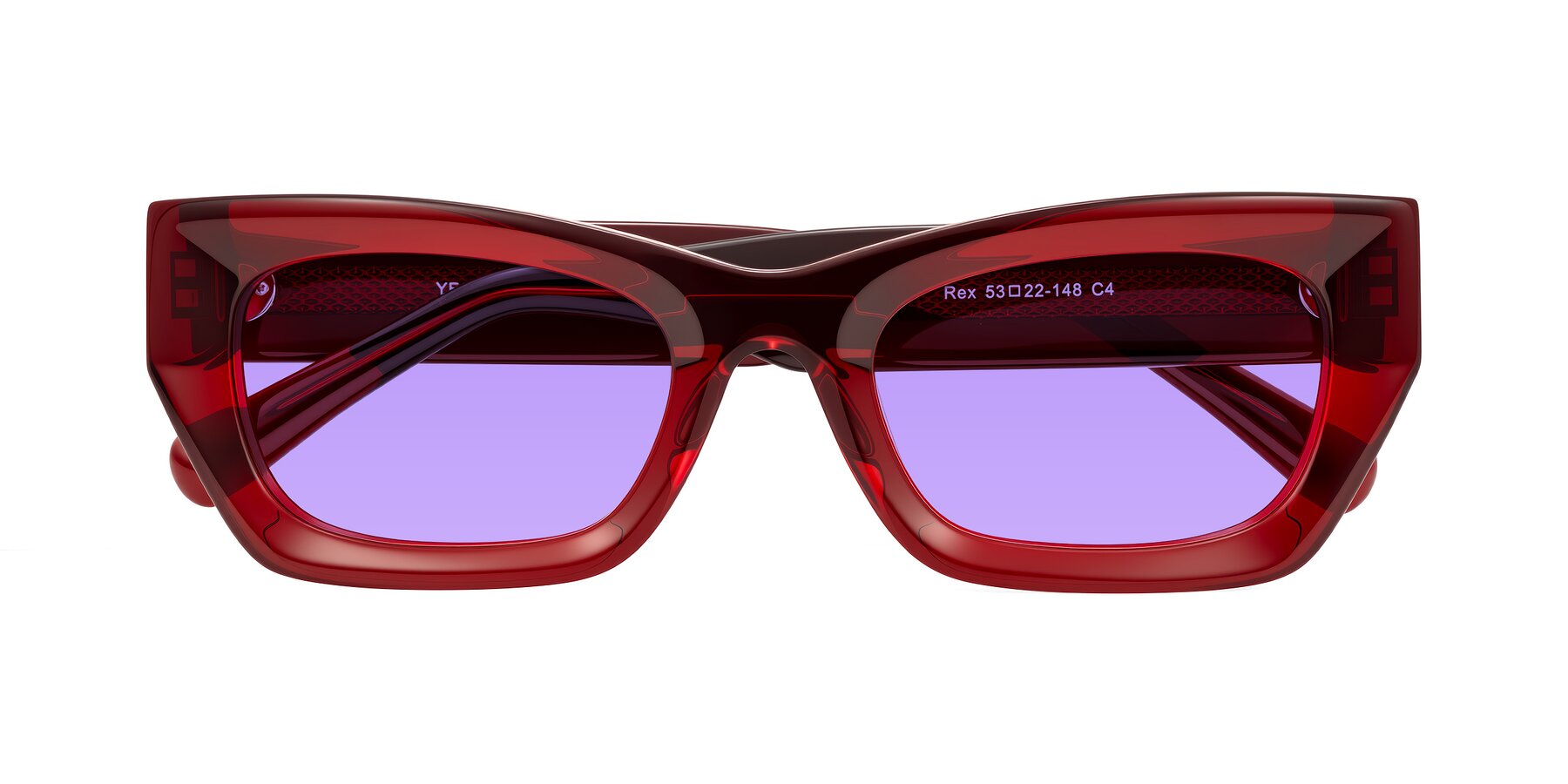 Folded Front of Rex in Wine with Medium Purple Tinted Lenses