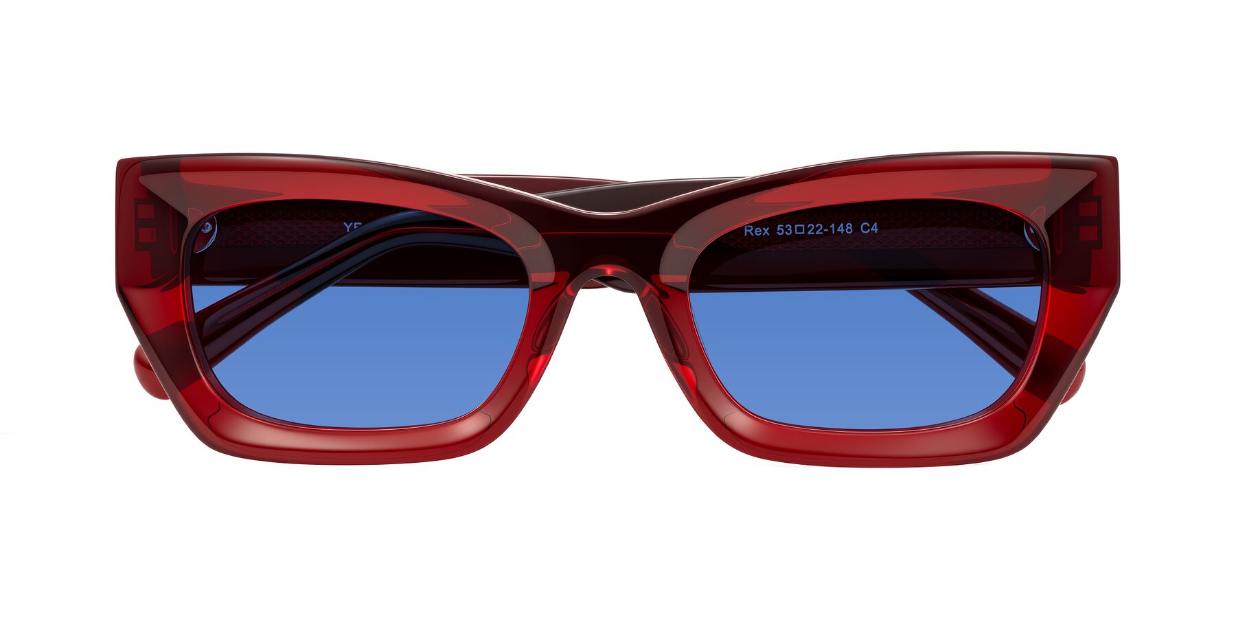 Folded Front of Rex in Wine with Blue Tinted Lenses