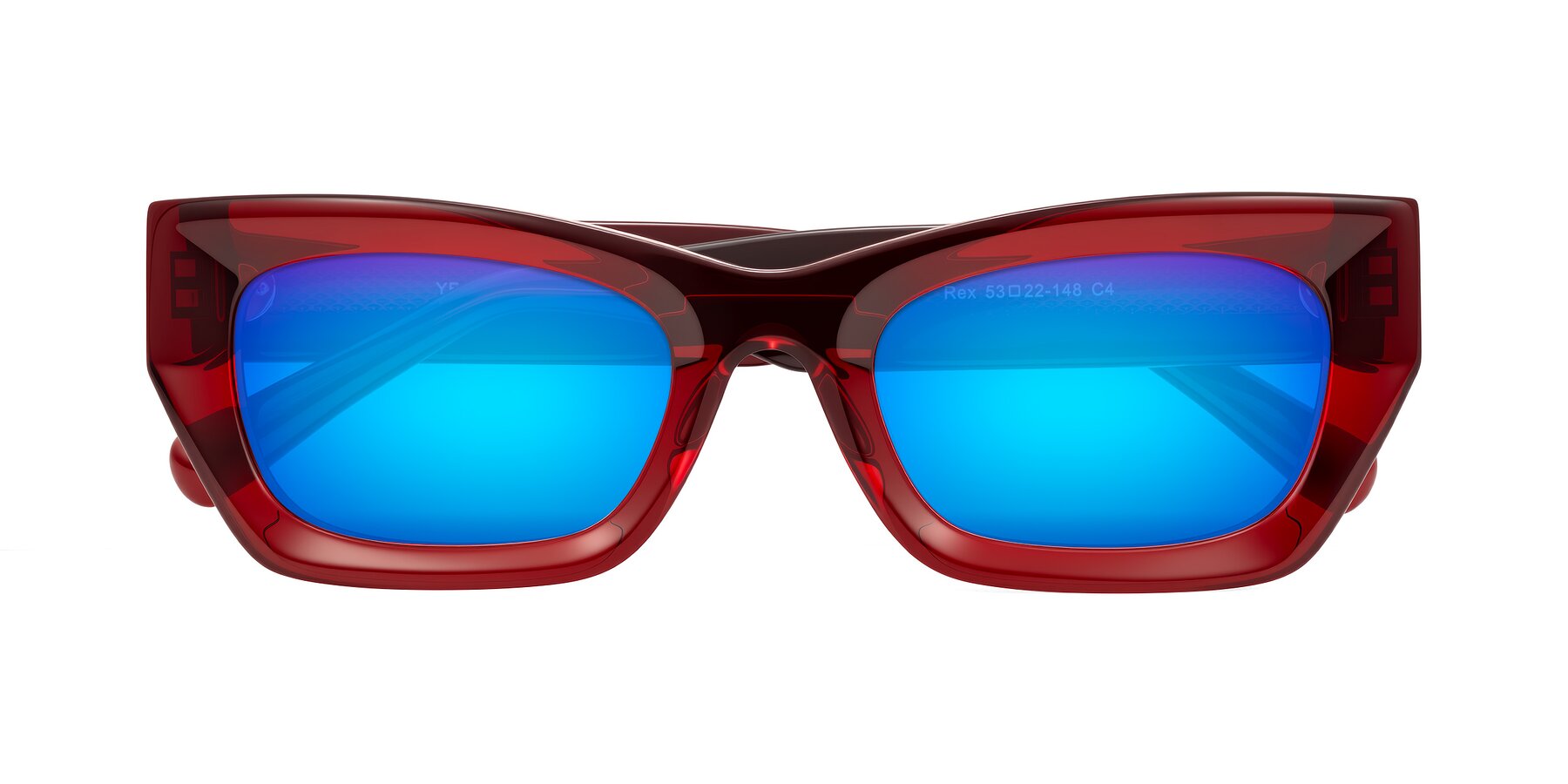 Folded Front of Rex in Wine with Blue Mirrored Lenses