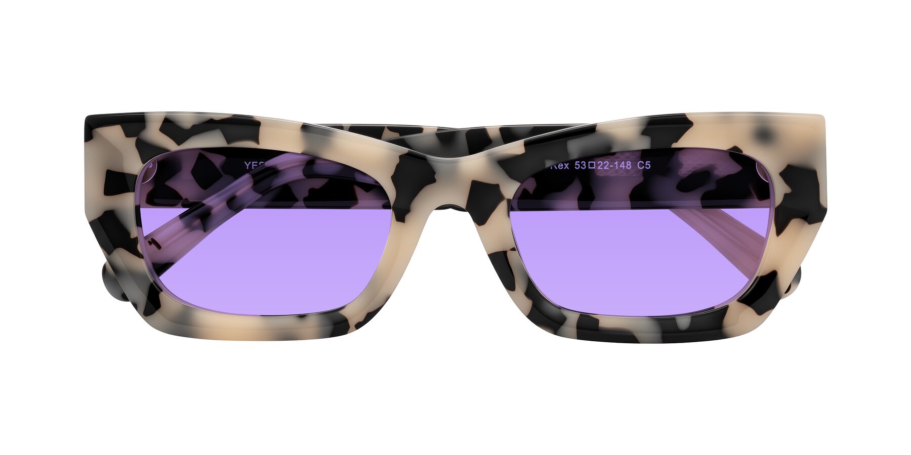 Folded Front of Rex in Ivory Tortoise with Medium Purple Tinted Lenses