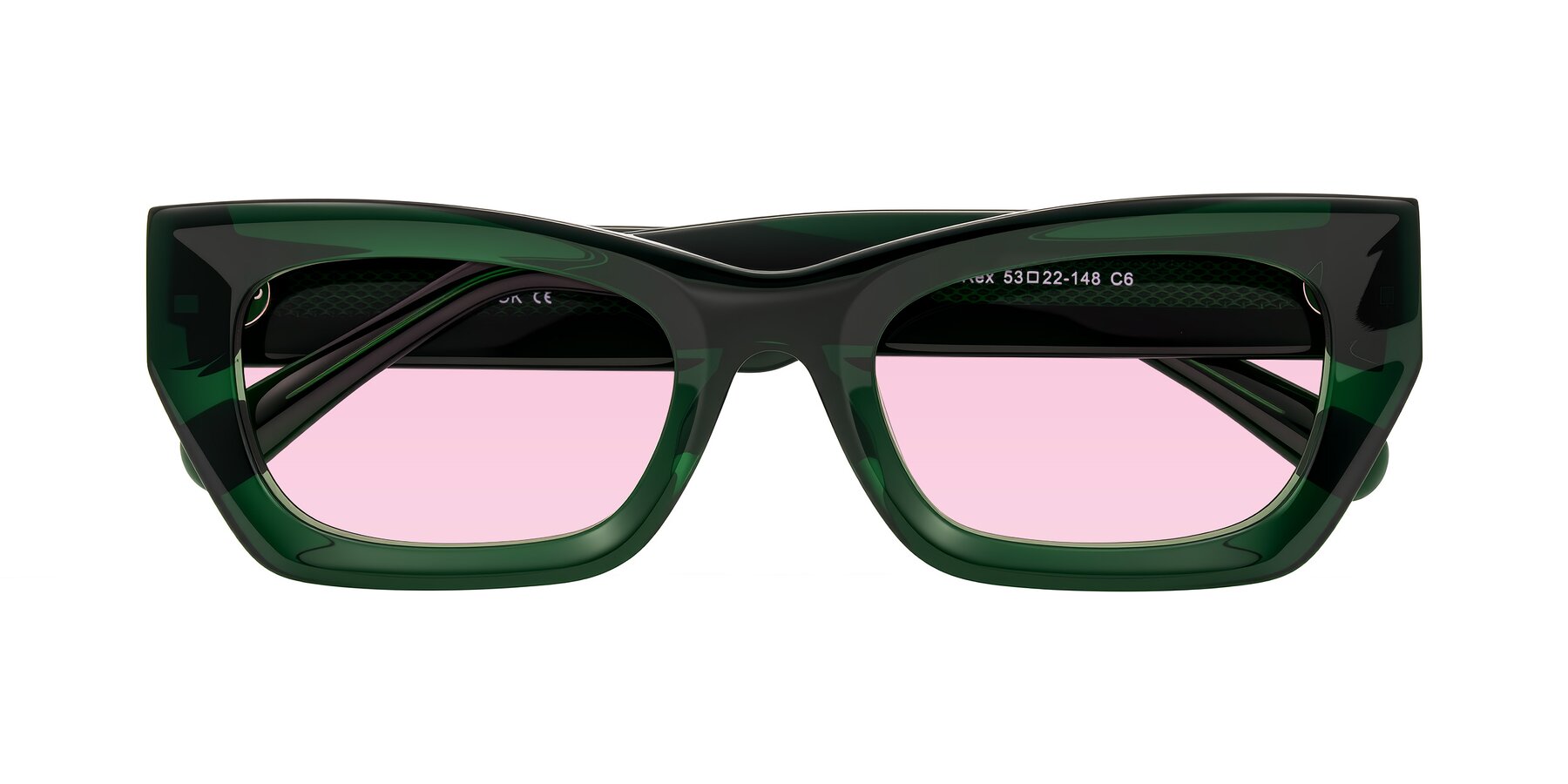 Folded Front of Rex in Jade Green with Light Pink Tinted Lenses
