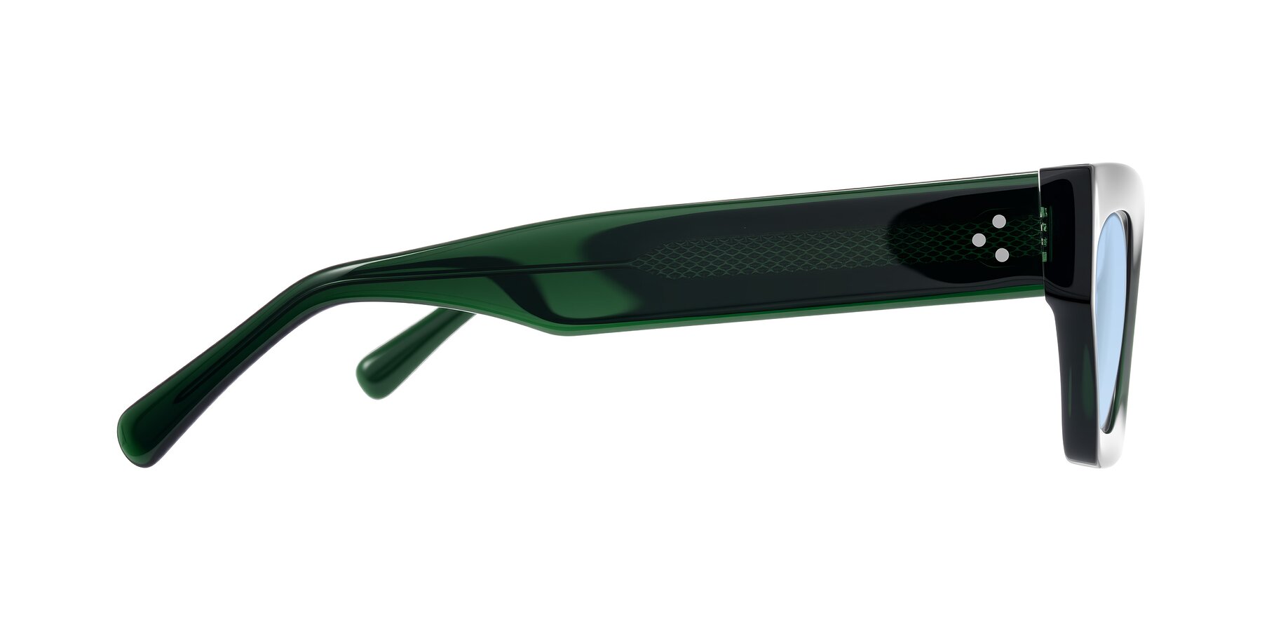 Side of Rex in Jade Green with Light Blue Tinted Lenses