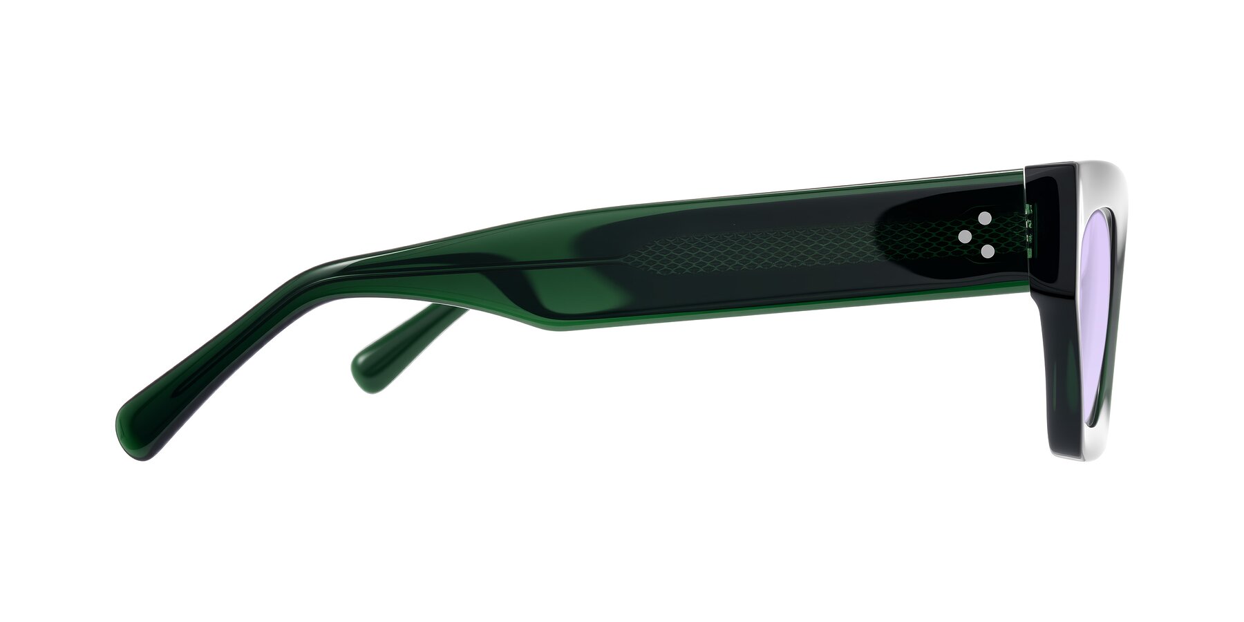 Side of Rex in Jade Green with Light Purple Tinted Lenses