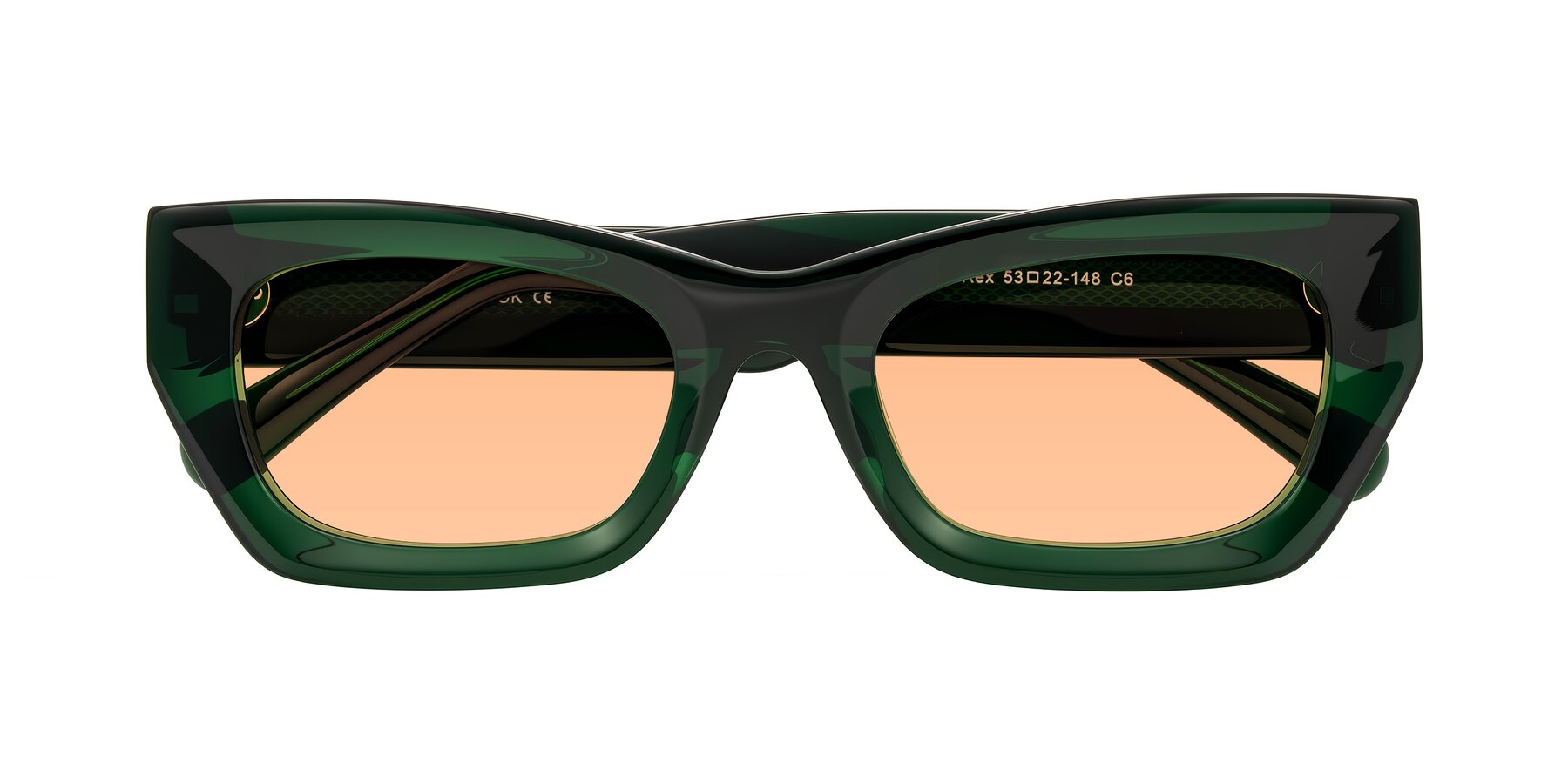 Folded Front of Rex in Jade Green with Light Orange Tinted Lenses