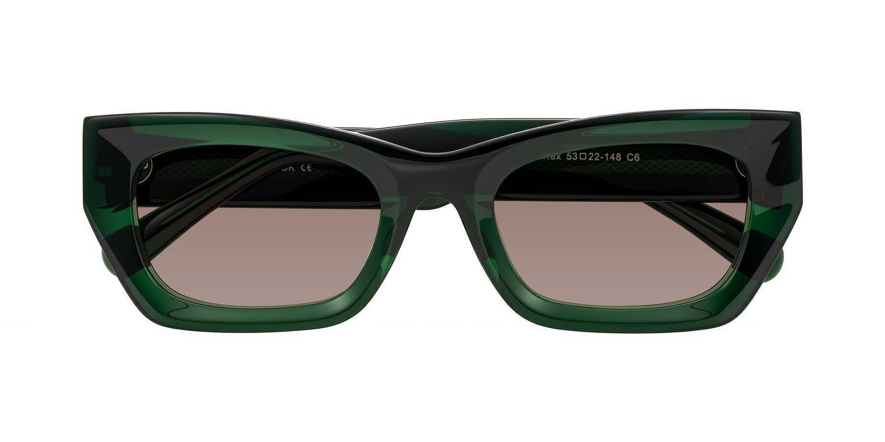 Folded Front of Rex in Jade Green with Medium Brown Tinted Lenses