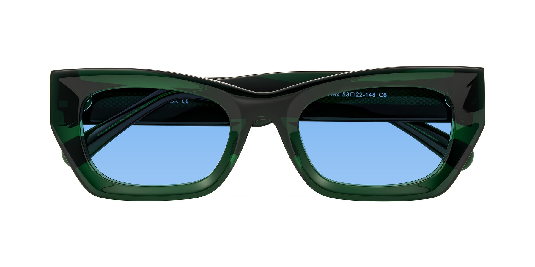 Folded Front of Rex in Jade Green with Medium Blue Tinted Lenses