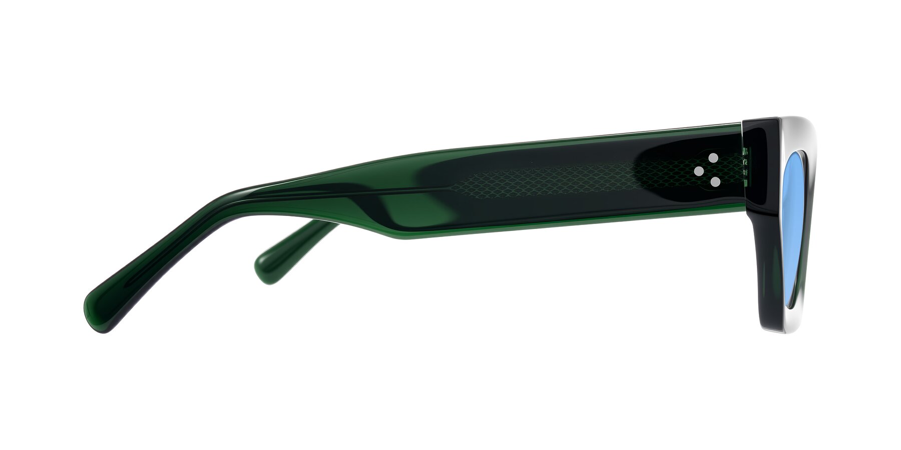 Side of Rex in Jade Green with Medium Blue Tinted Lenses