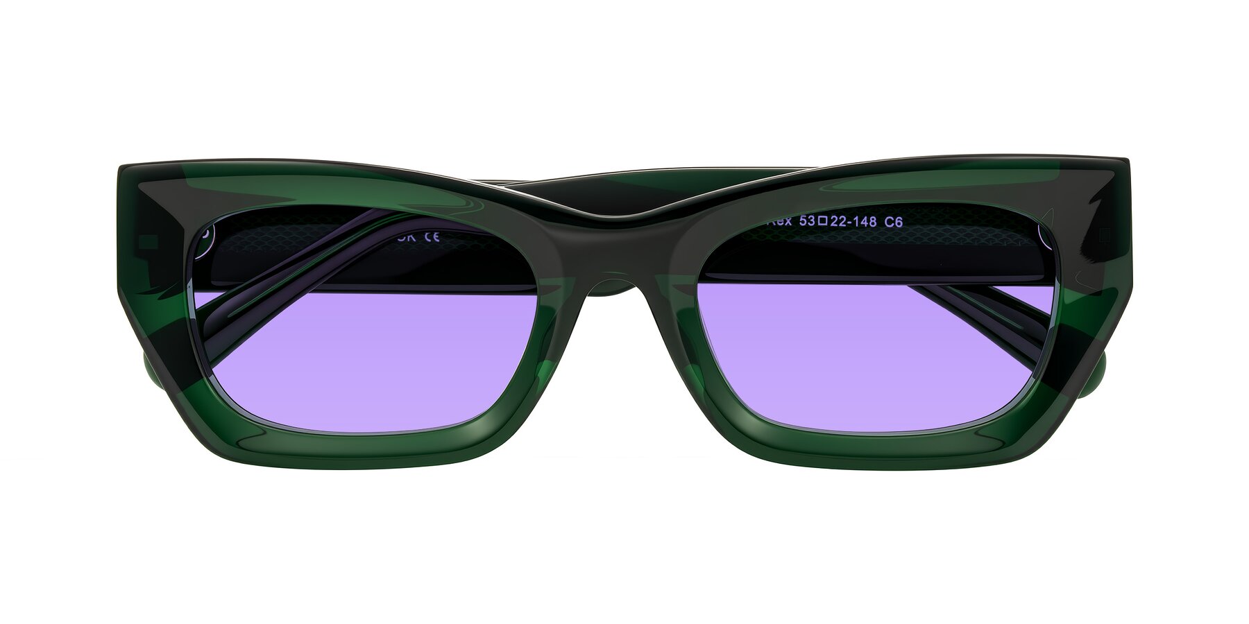 Folded Front of Rex in Jade Green with Medium Purple Tinted Lenses
