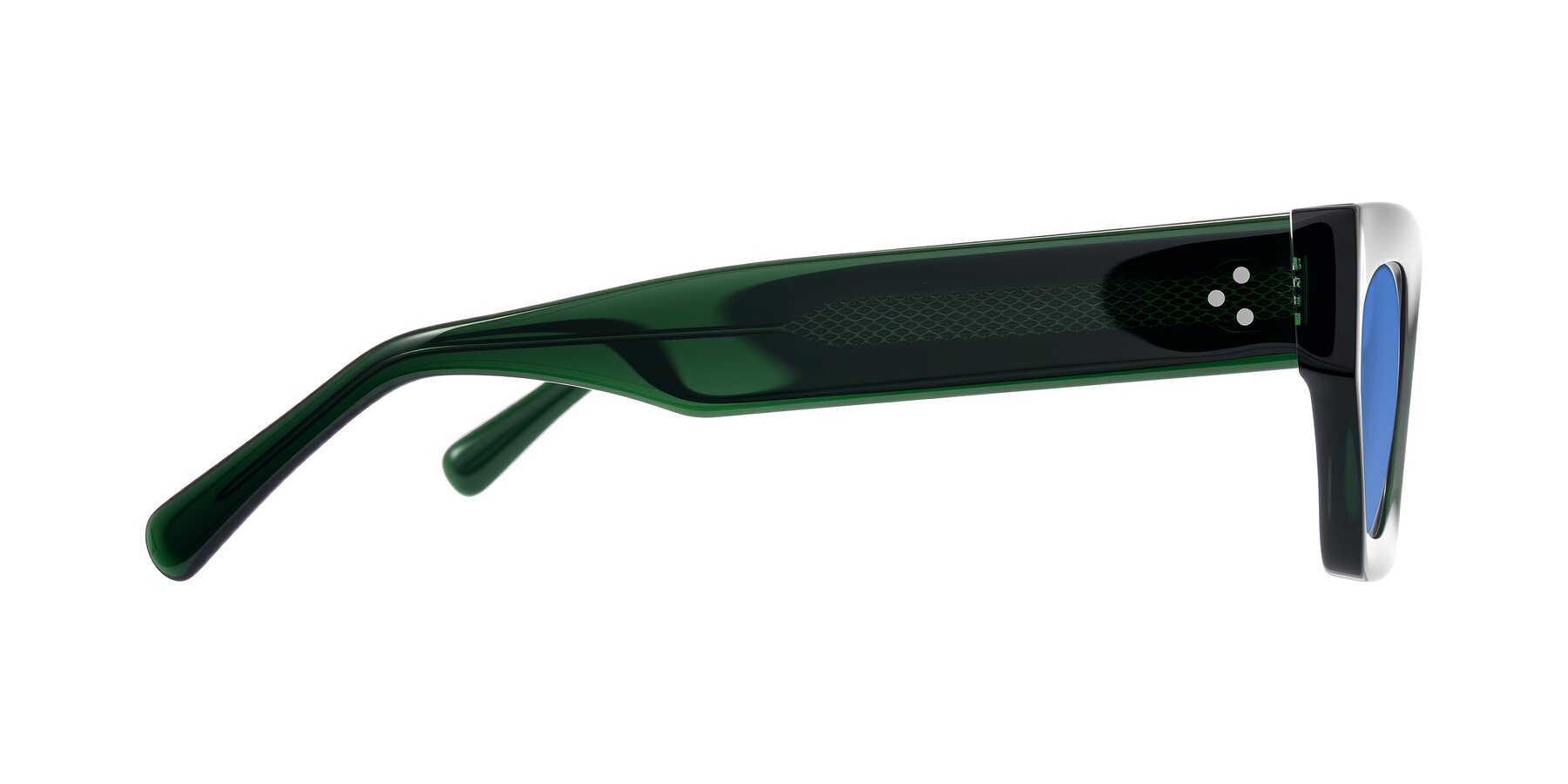 Side of Rex in Jade Green with Blue Tinted Lenses