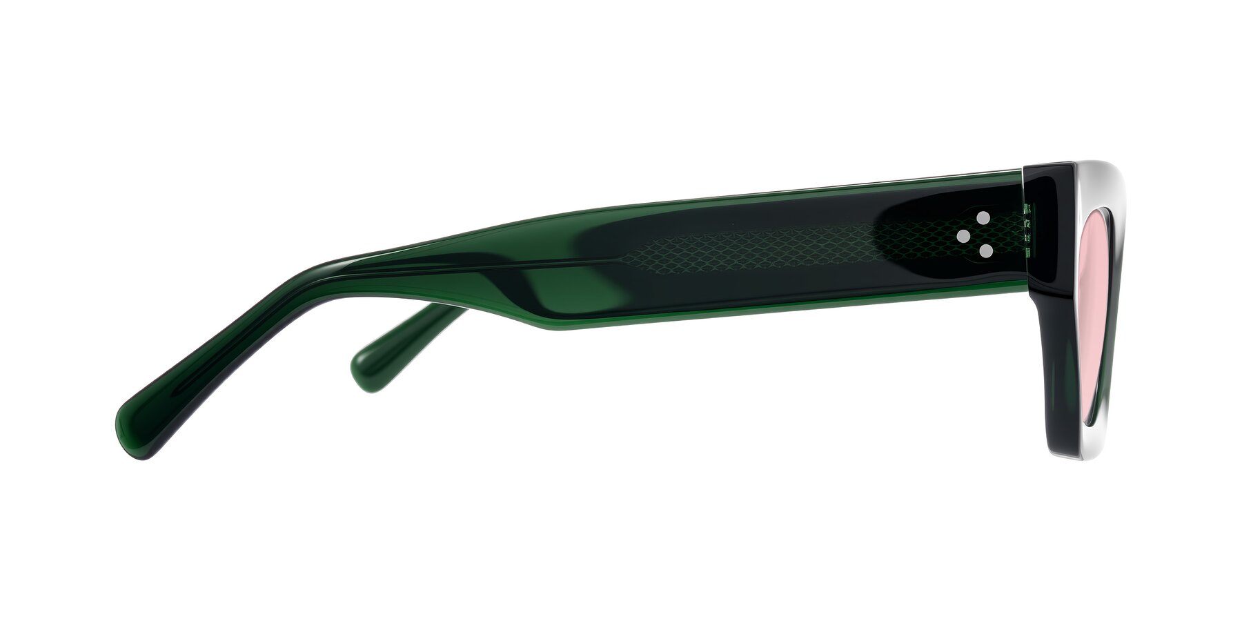 Side of Rex in Jade Green with Light Garnet Tinted Lenses