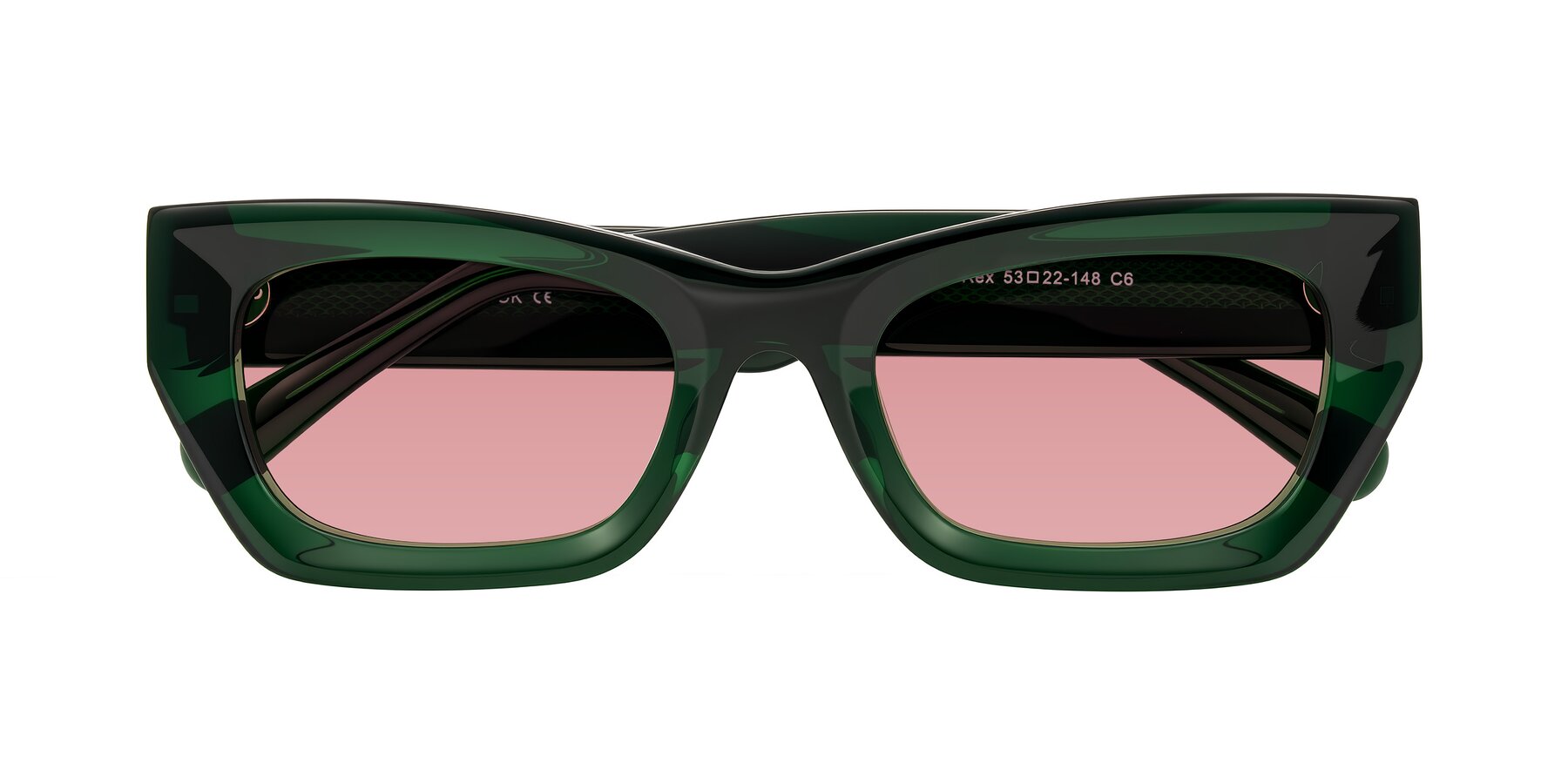 Folded Front of Rex in Jade Green with Medium Garnet Tinted Lenses