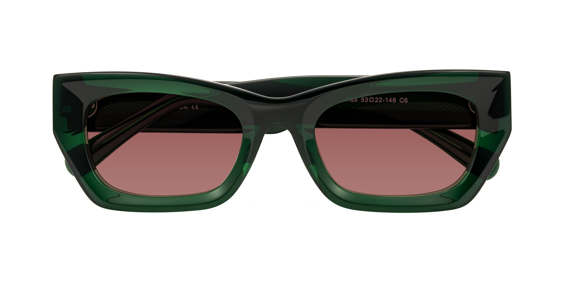 Folded Front of Rex in Jade Green with Garnet Tinted Lenses