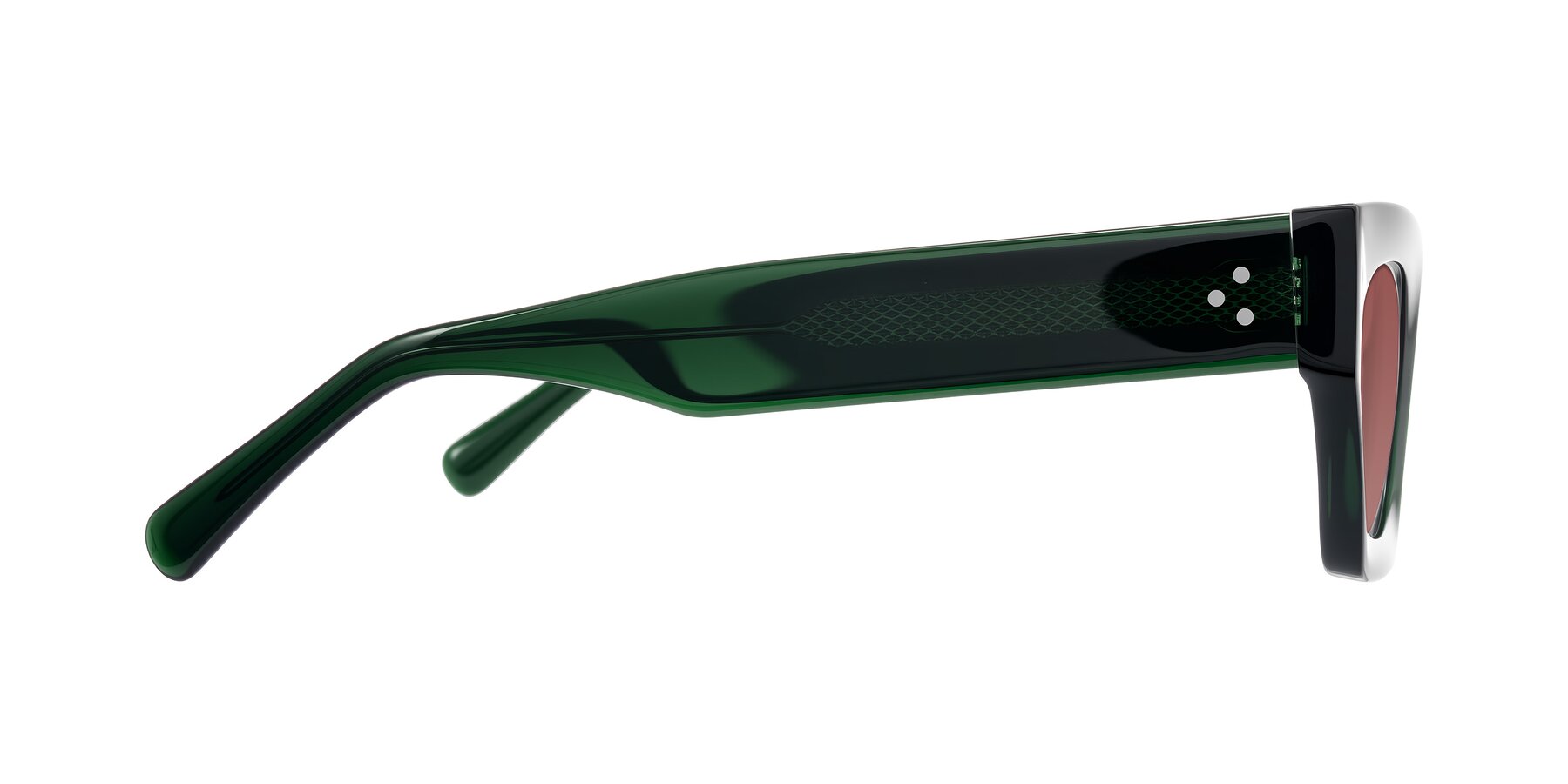 Side of Rex in Jade Green with Garnet Tinted Lenses