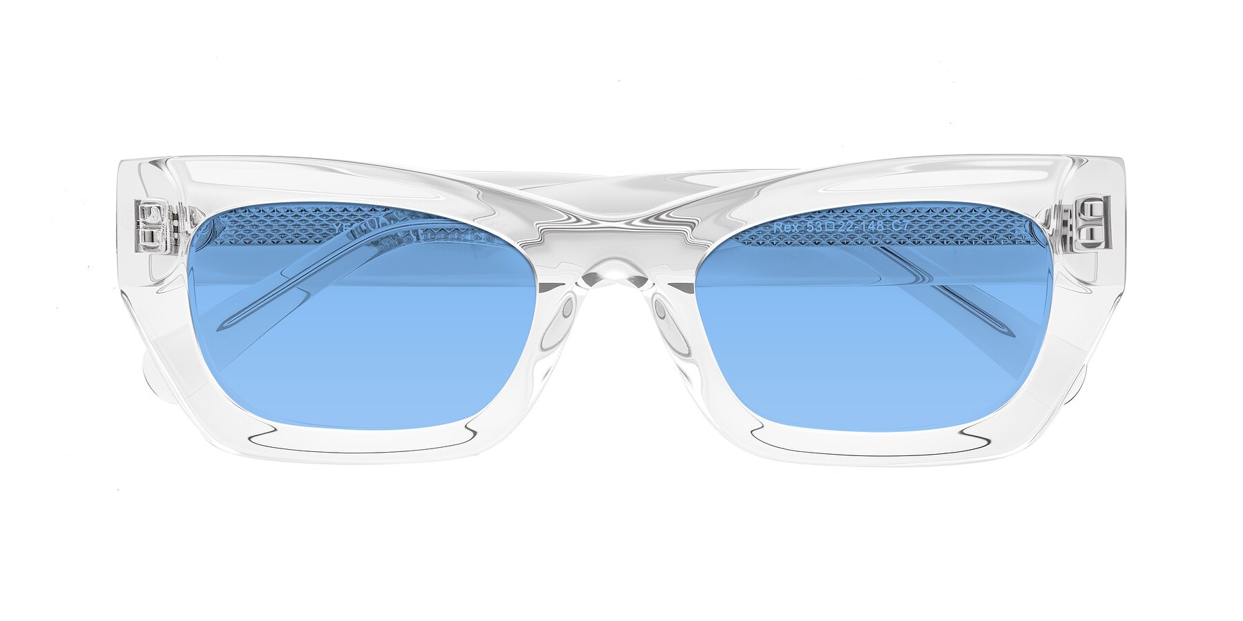 Folded Front of Rex in Clear with Medium Blue Tinted Lenses