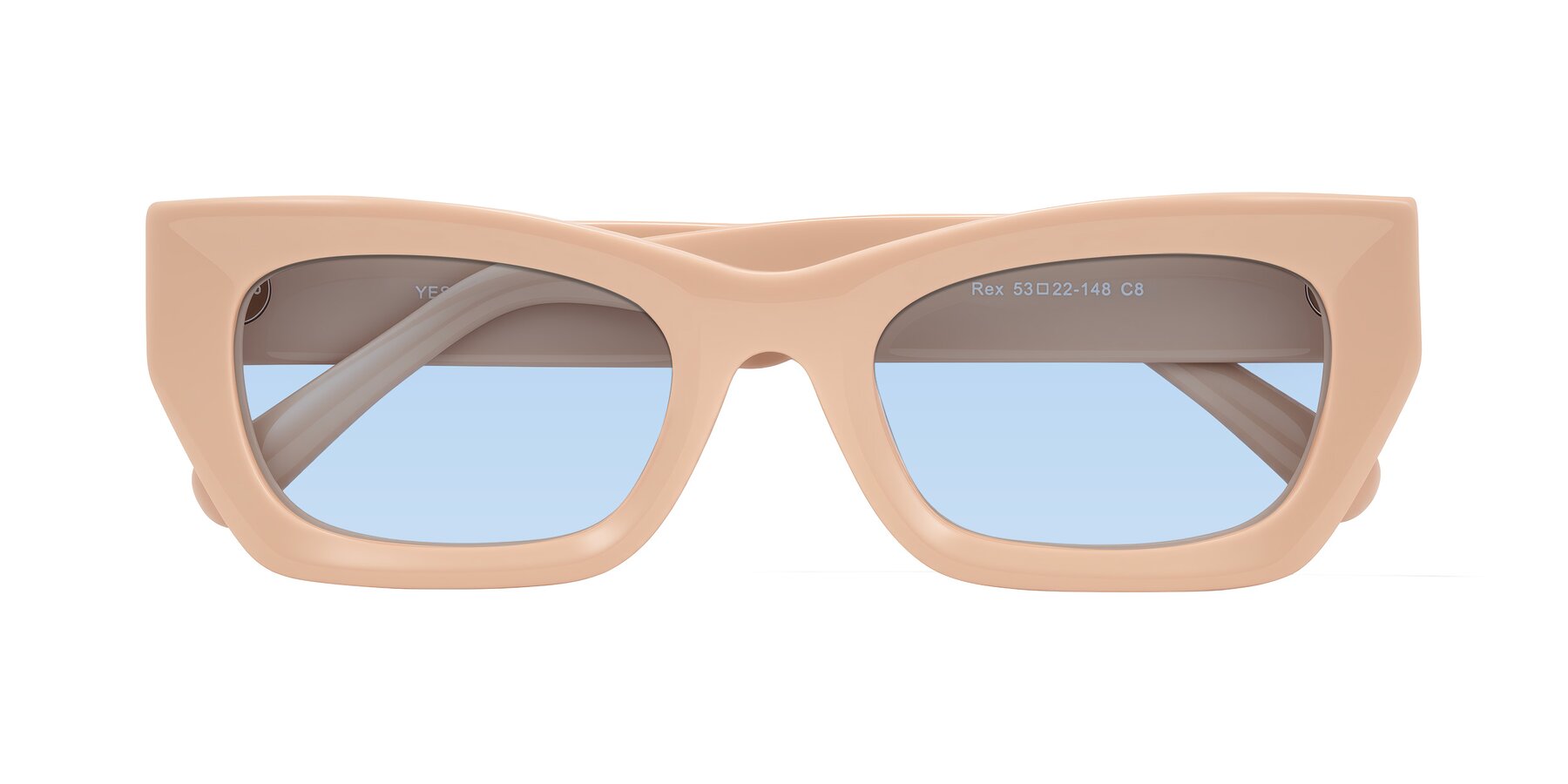 Folded Front of Rex in Pale Salmon with Light Blue Tinted Lenses