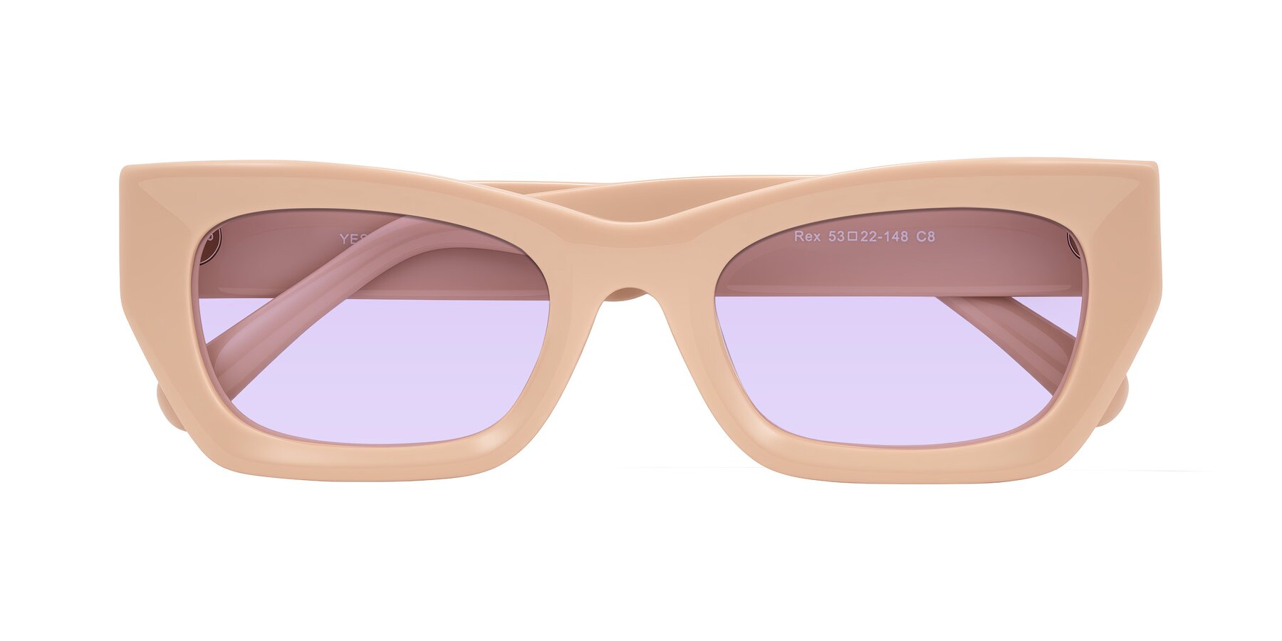 Folded Front of Rex in Pale Salmon with Light Purple Tinted Lenses