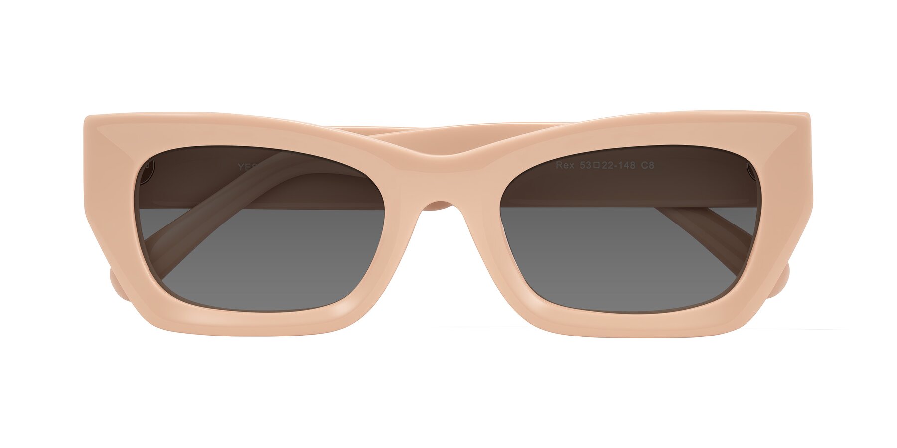 Folded Front of Rex in Pale Salmon with Medium Gray Tinted Lenses