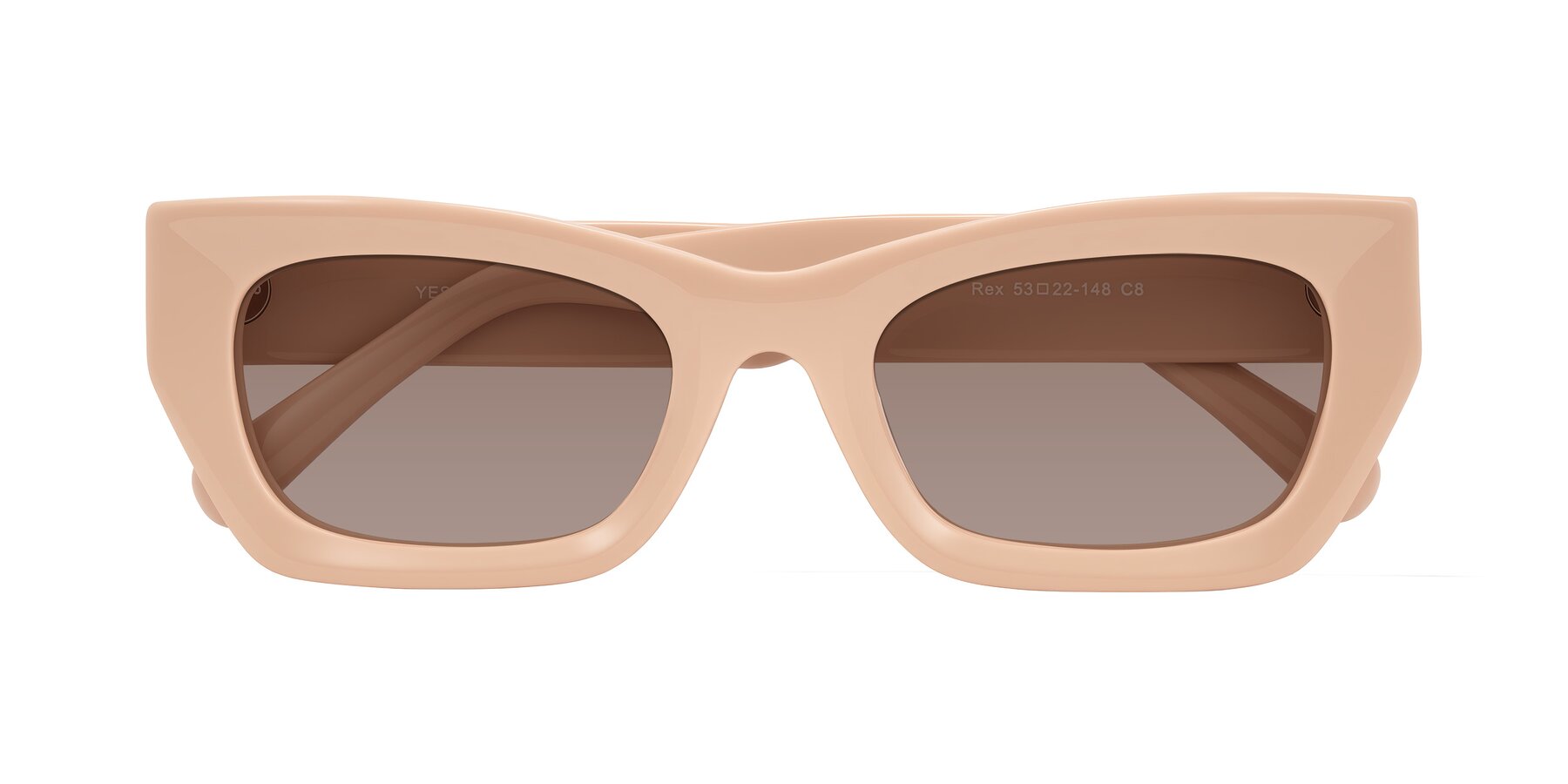 Folded Front of Rex in Pale Salmon with Medium Brown Tinted Lenses