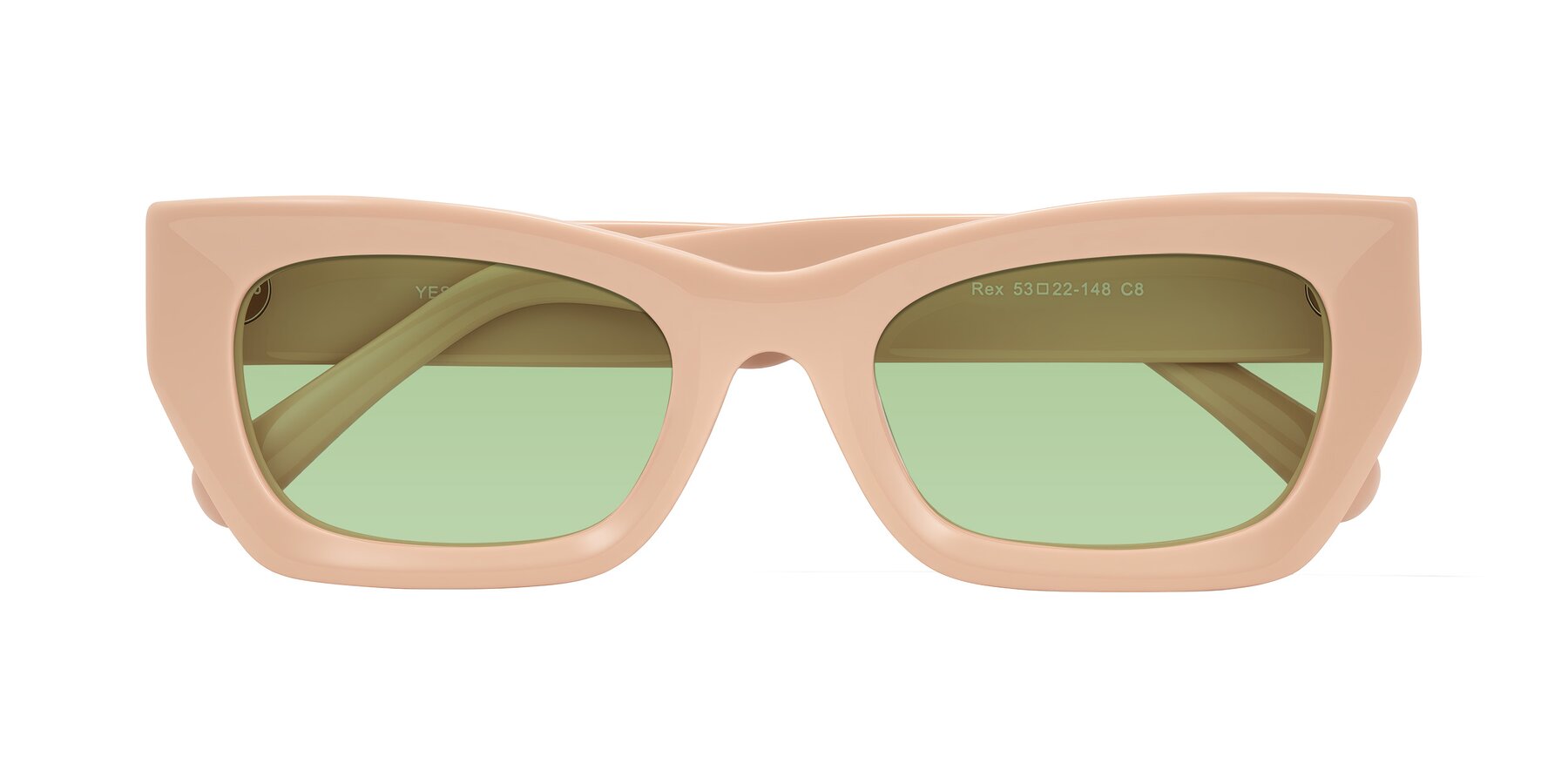 Folded Front of Rex in Pale Salmon with Medium Green Tinted Lenses