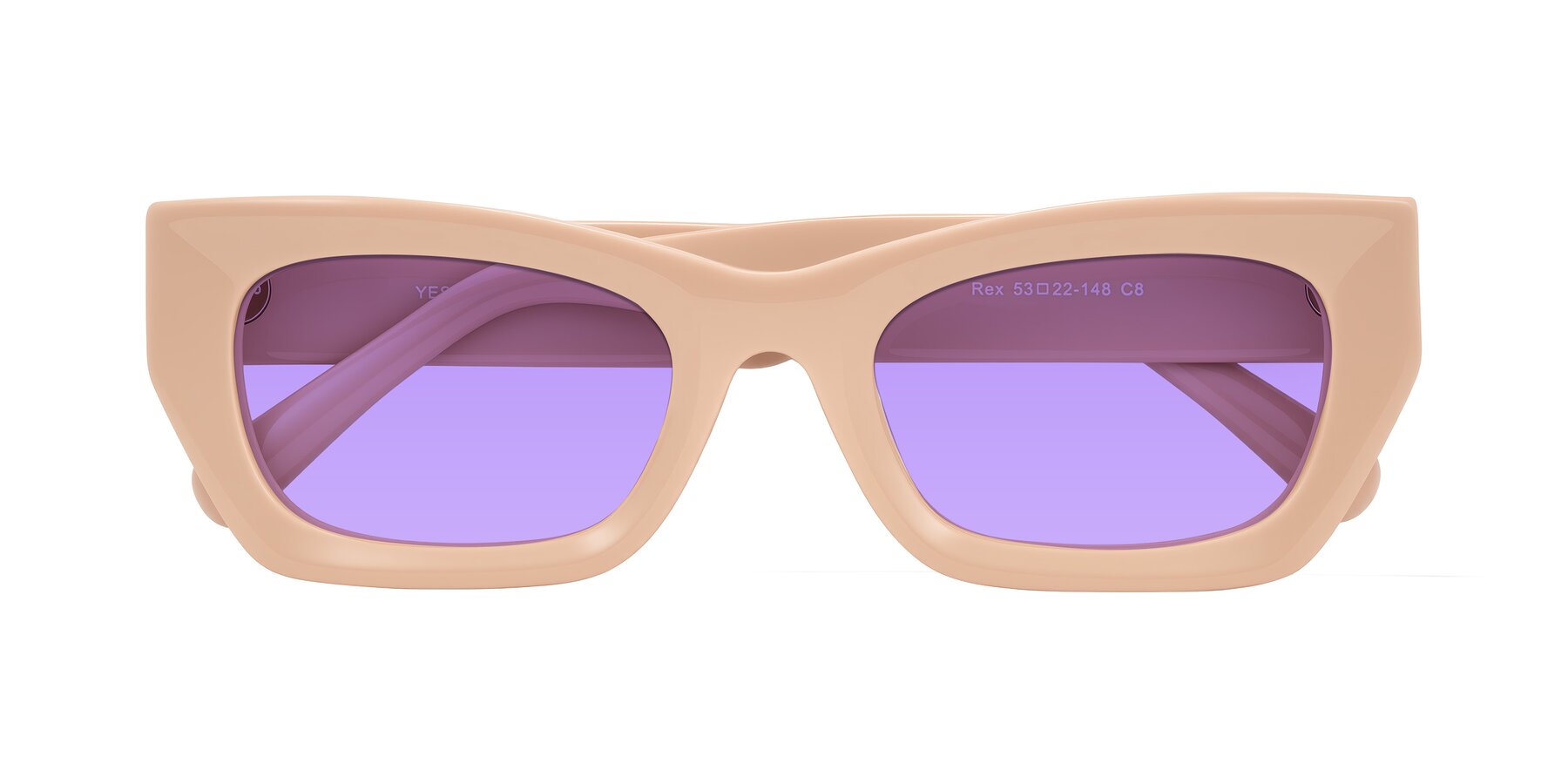Folded Front of Rex in Pale Salmon with Medium Purple Tinted Lenses