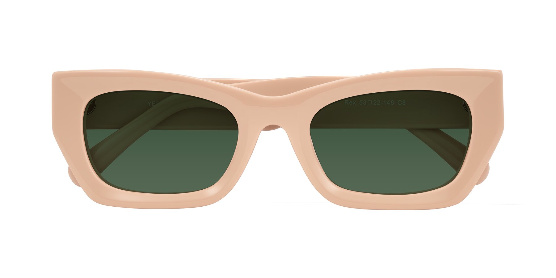 Folded Front of Rex in Pale Salmon with Green Tinted Lenses