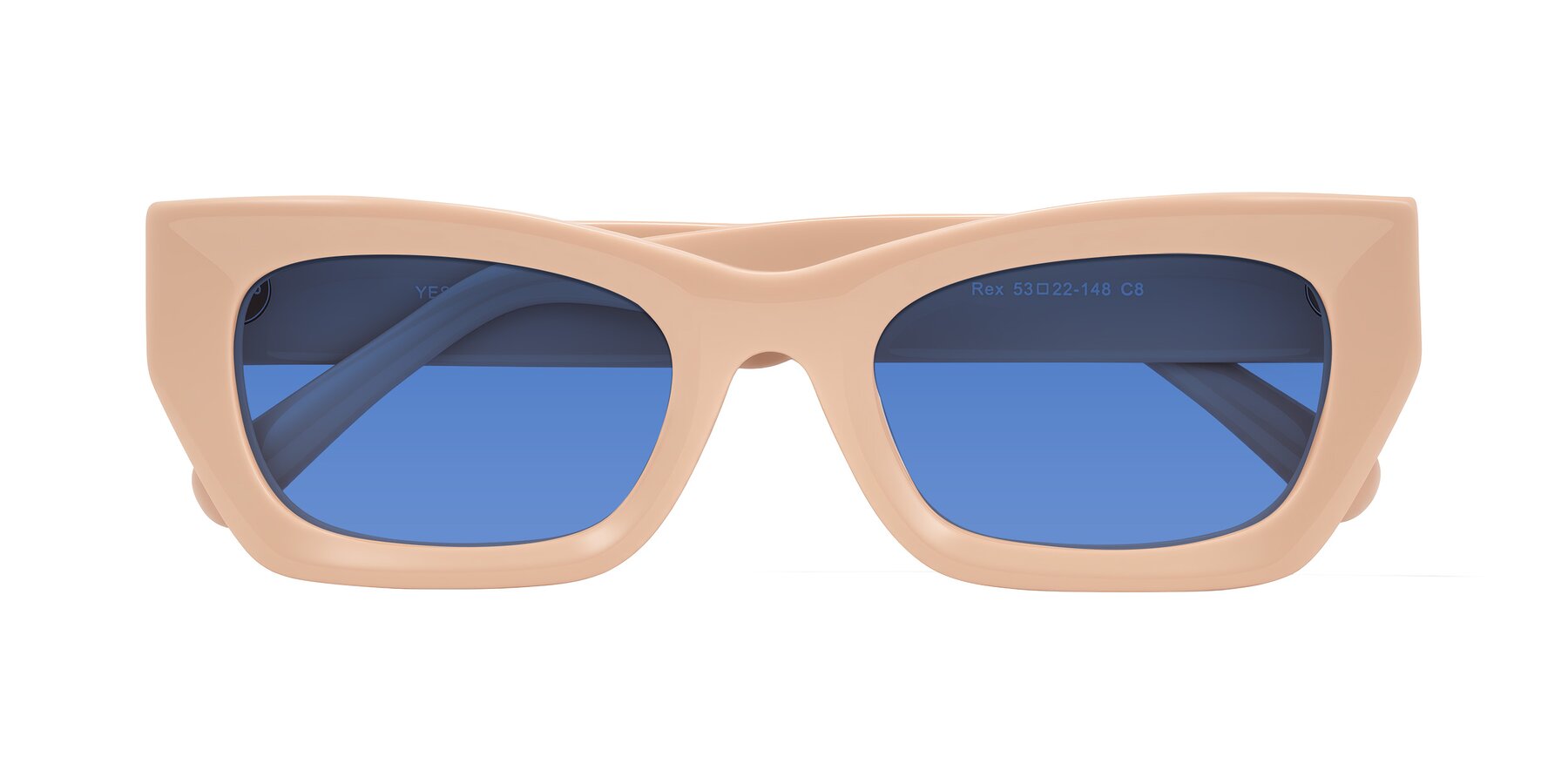 Folded Front of Rex in Pale Salmon with Blue Tinted Lenses