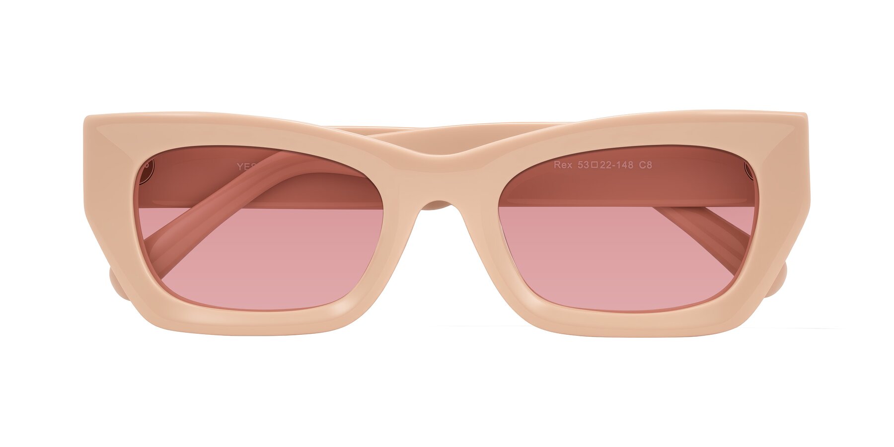 Folded Front of Rex in Pale Salmon with Medium Garnet Tinted Lenses