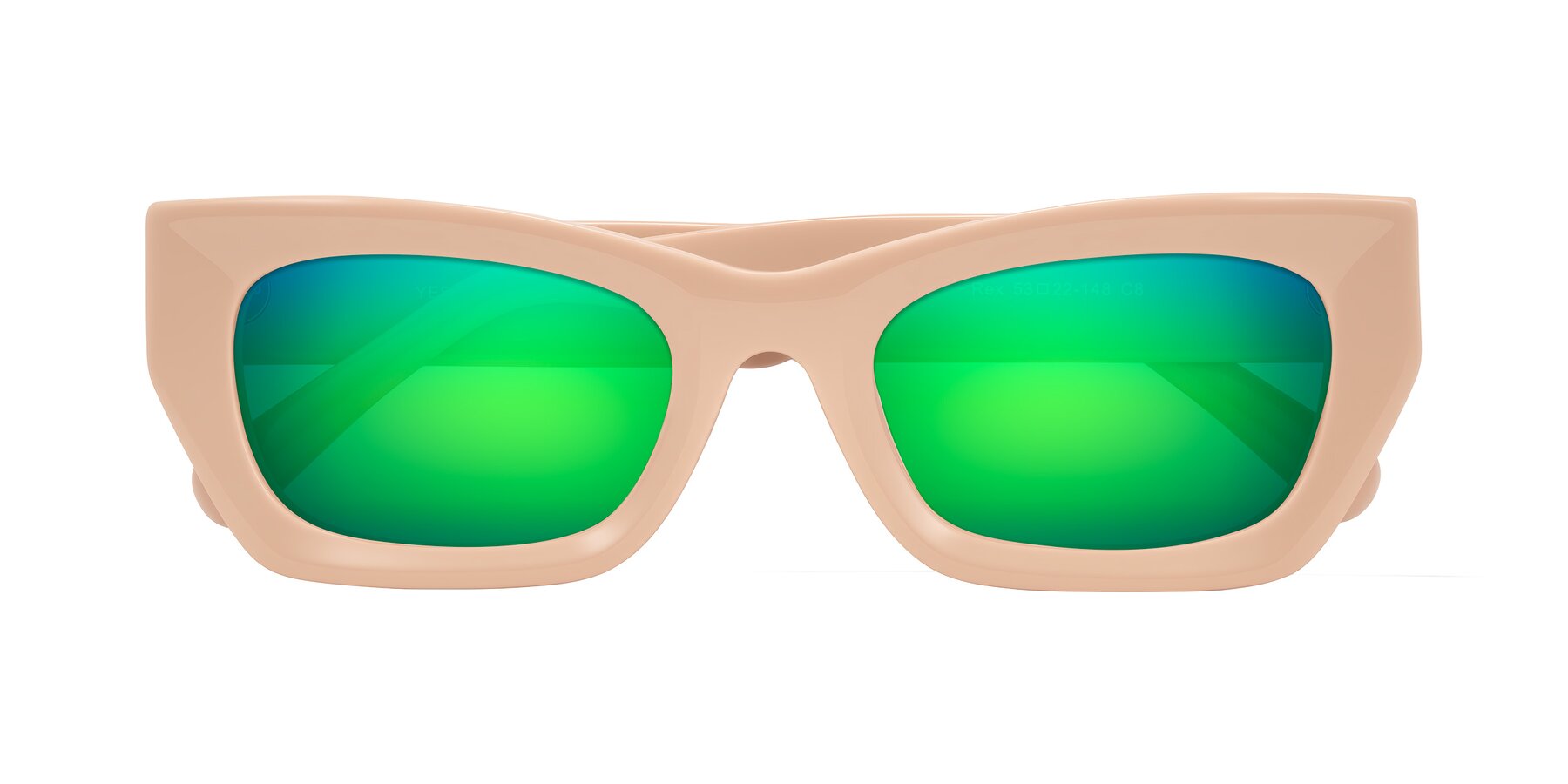 Folded Front of Rex in Pale Salmon with Green Mirrored Lenses