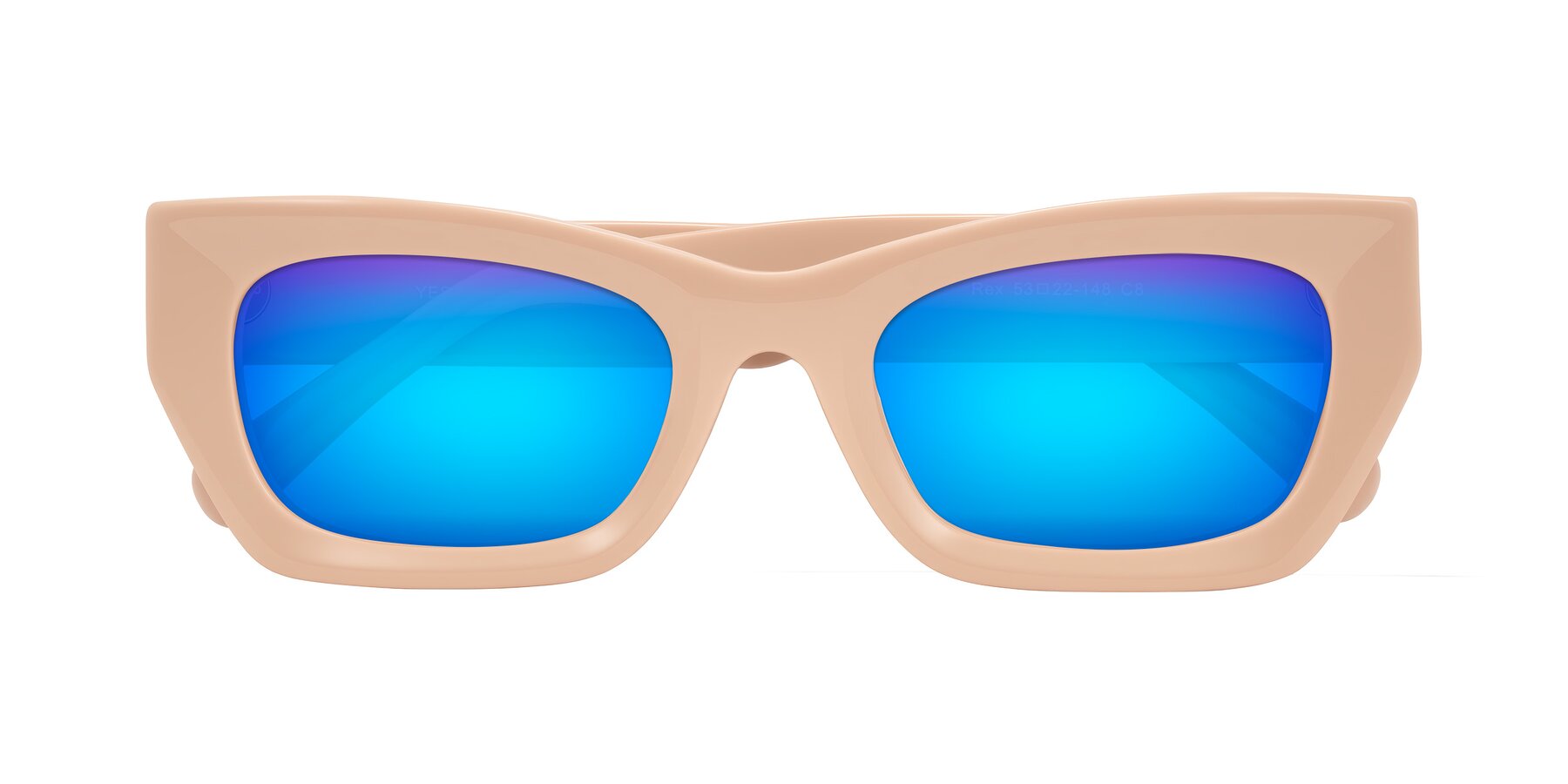 Folded Front of Rex in Pale Salmon with Blue Mirrored Lenses