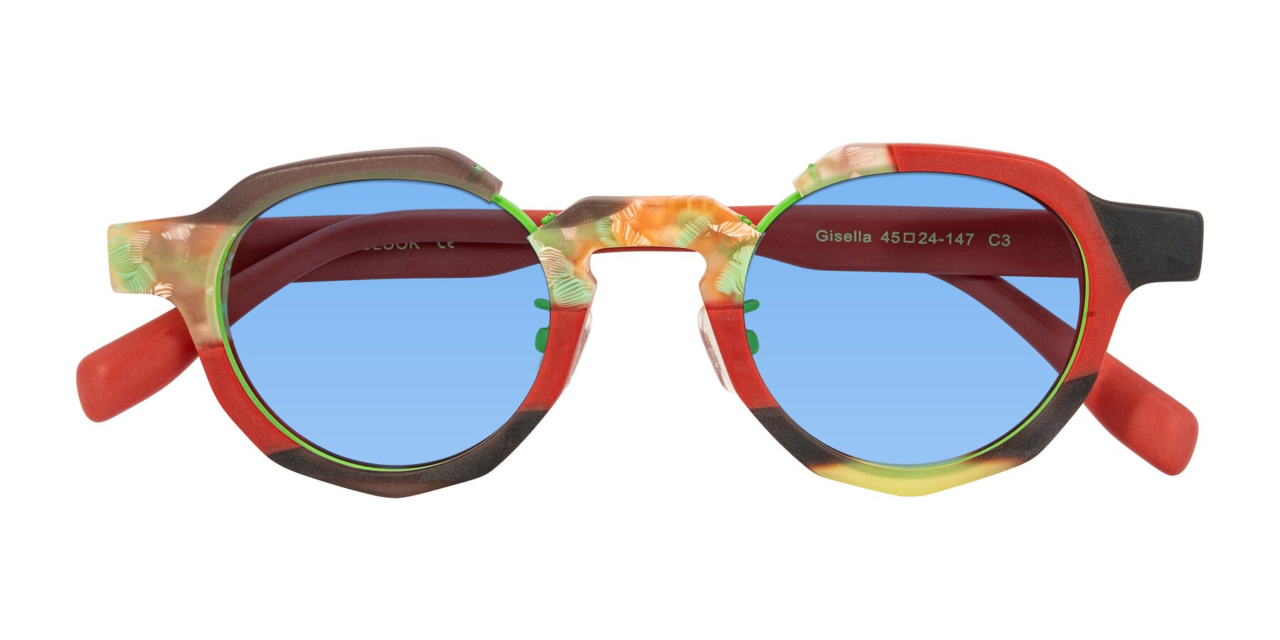 Folded Front of Gisella in Matte Garden with Medium Blue Tinted Lenses