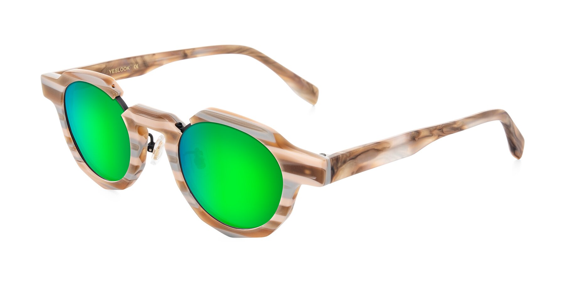Angle of Gisella in Matte Canyon with Green Mirrored Lenses