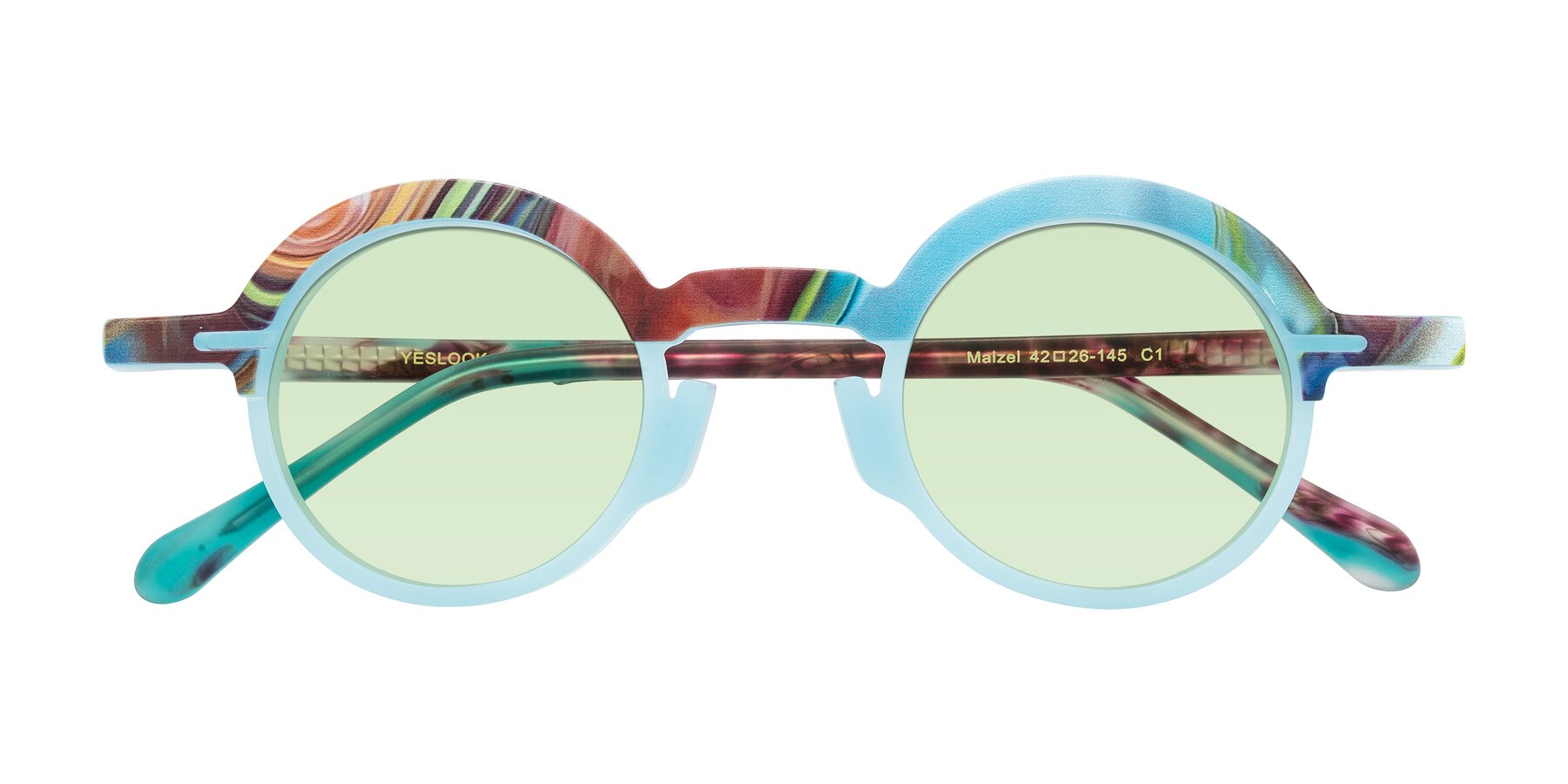 Folded Front of Maizel in Frosted Dream with Light Green Tinted Lenses
