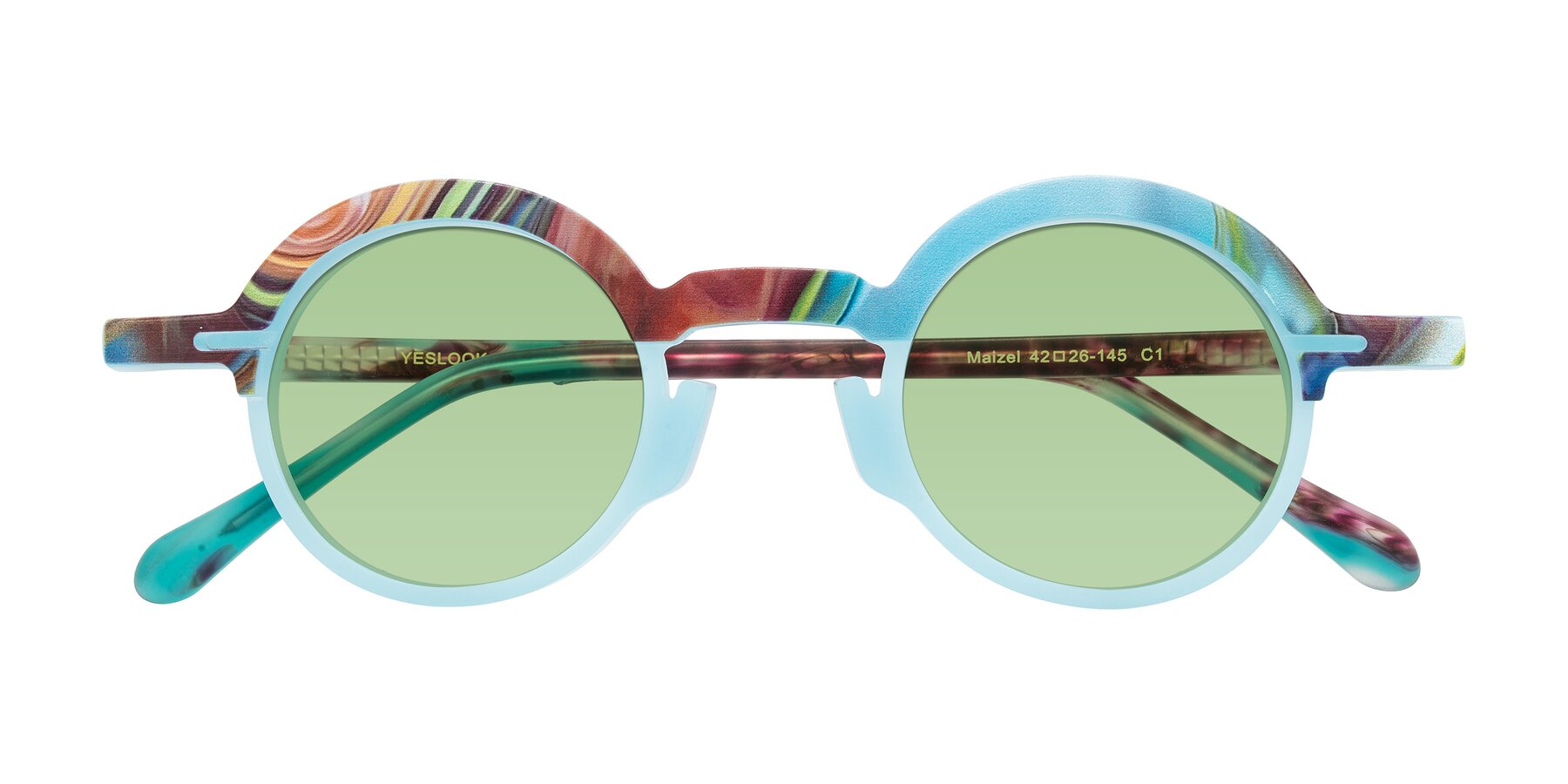 Folded Front of Maizel in Frosted Dream with Medium Green Tinted Lenses