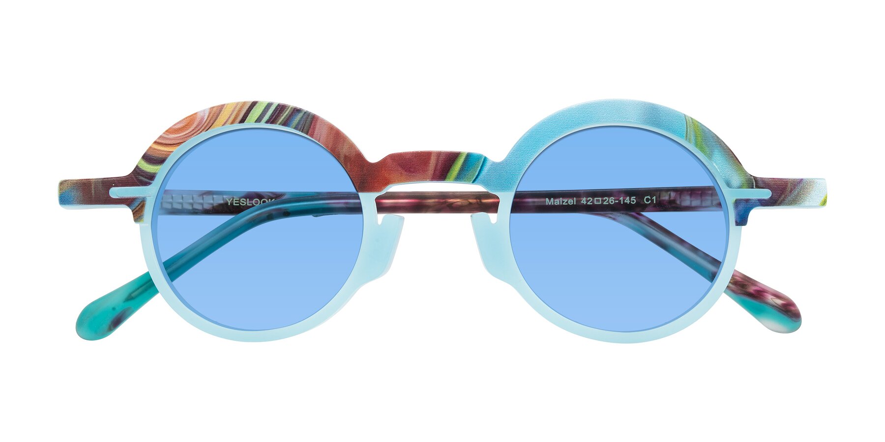 Folded Front of Maizel in Frosted Dream with Medium Blue Tinted Lenses