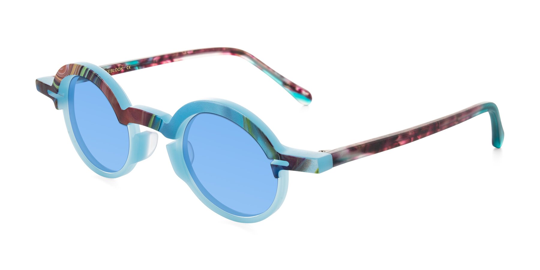 Angle of Maizel in Frosted Dream with Medium Blue Tinted Lenses