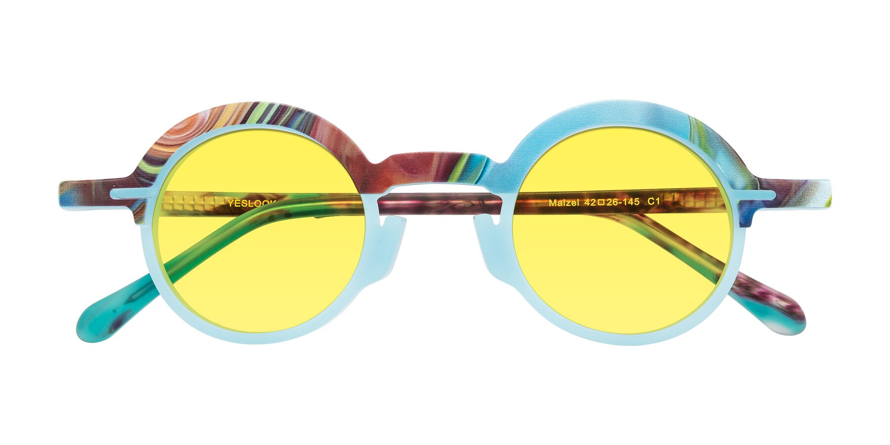 Folded Front of Maizel in Frosted Dream with Medium Yellow Tinted Lenses