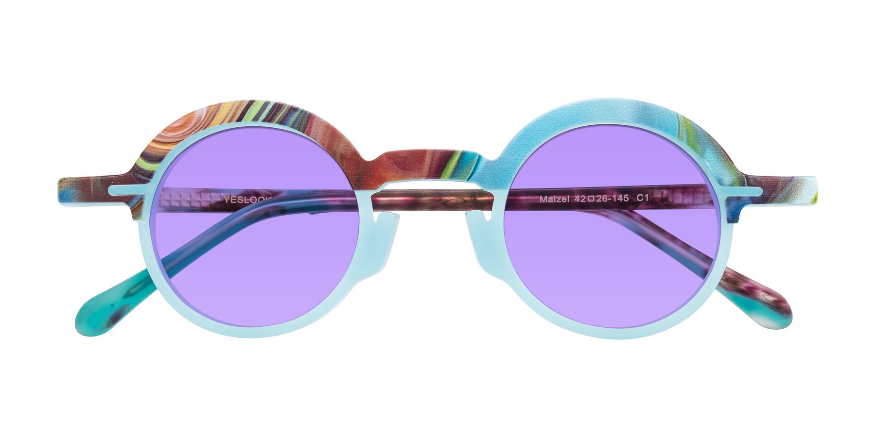 Folded Front of Maizel in Frosted Dream with Medium Purple Tinted Lenses