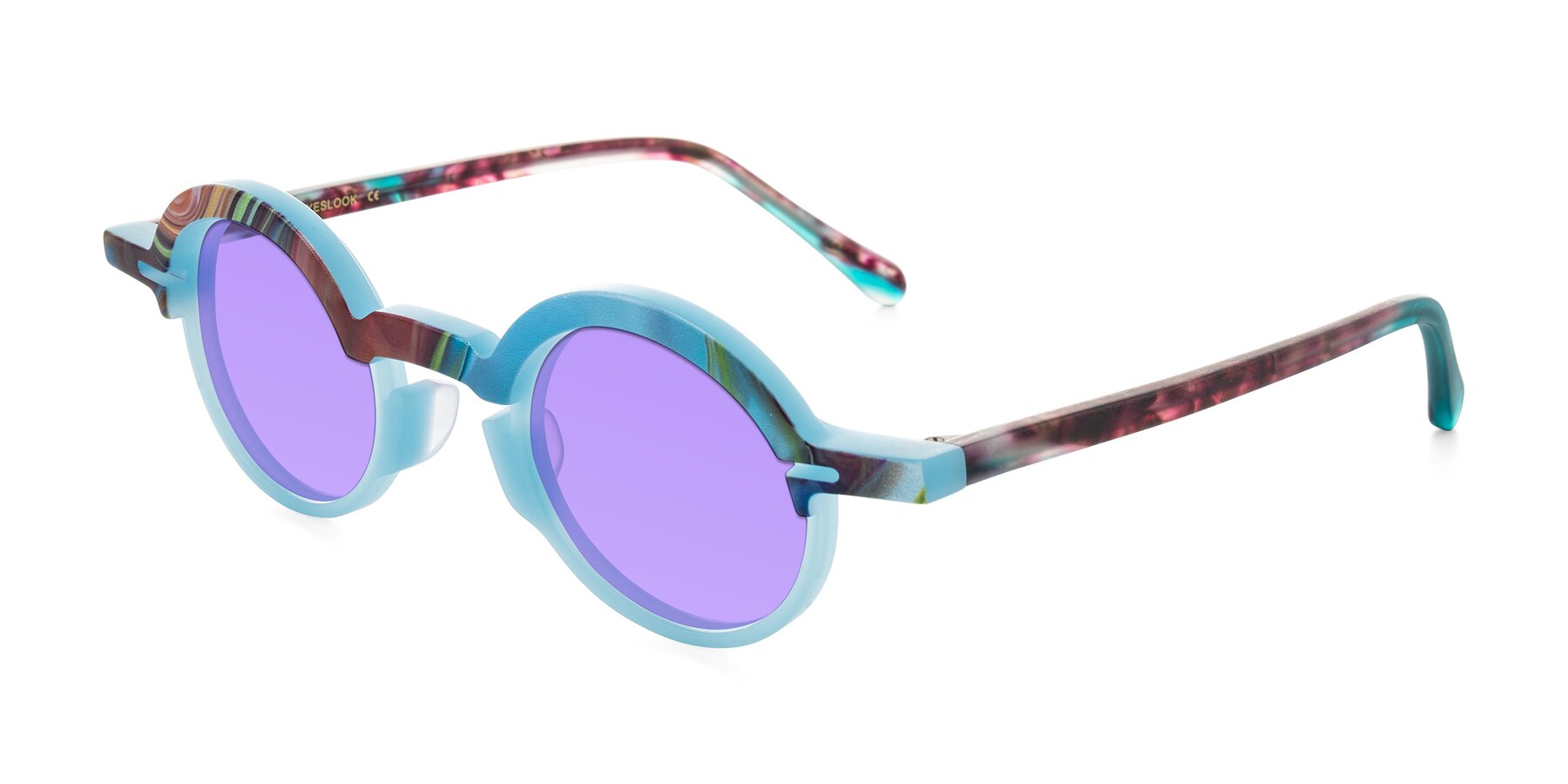Angle of Maizel in Frosted Dream with Medium Purple Tinted Lenses
