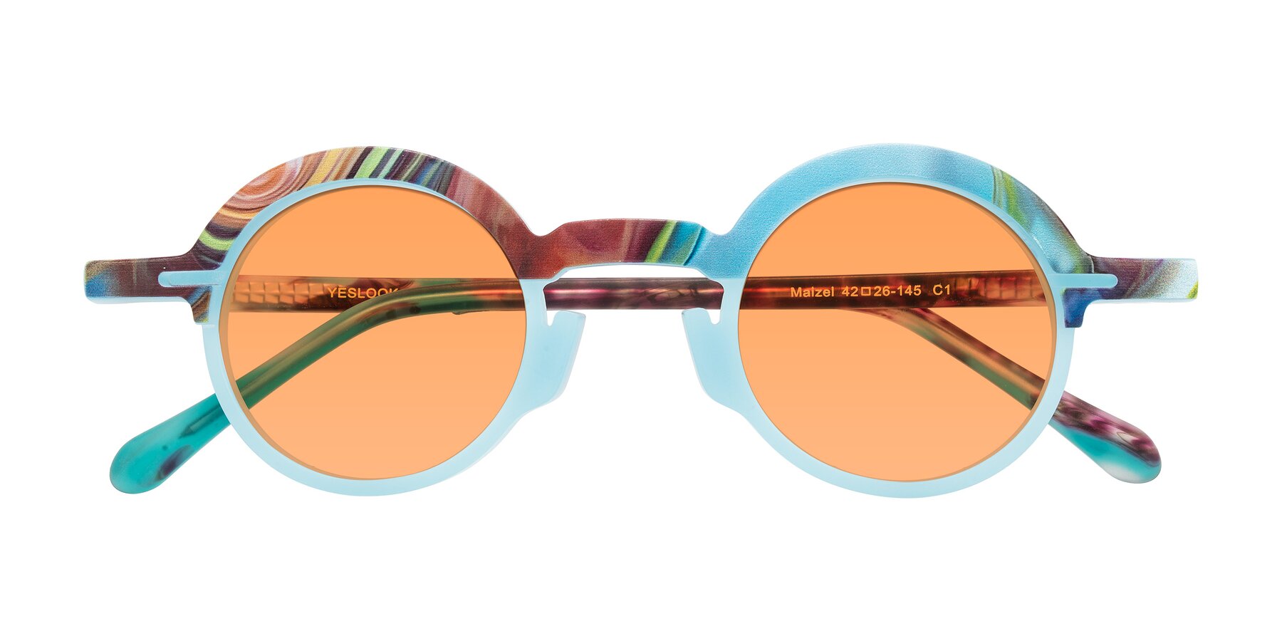 Folded Front of Maizel in Frosted Dream with Medium Orange Tinted Lenses