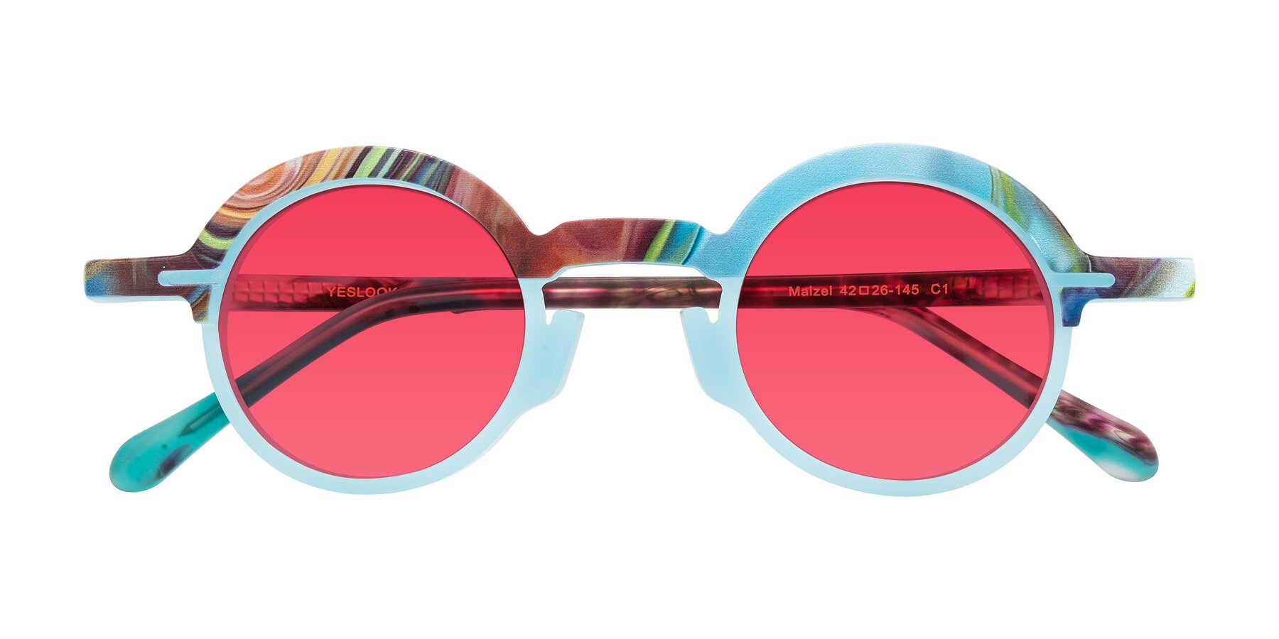 Folded Front of Maizel in Frosted Dream with Red Tinted Lenses