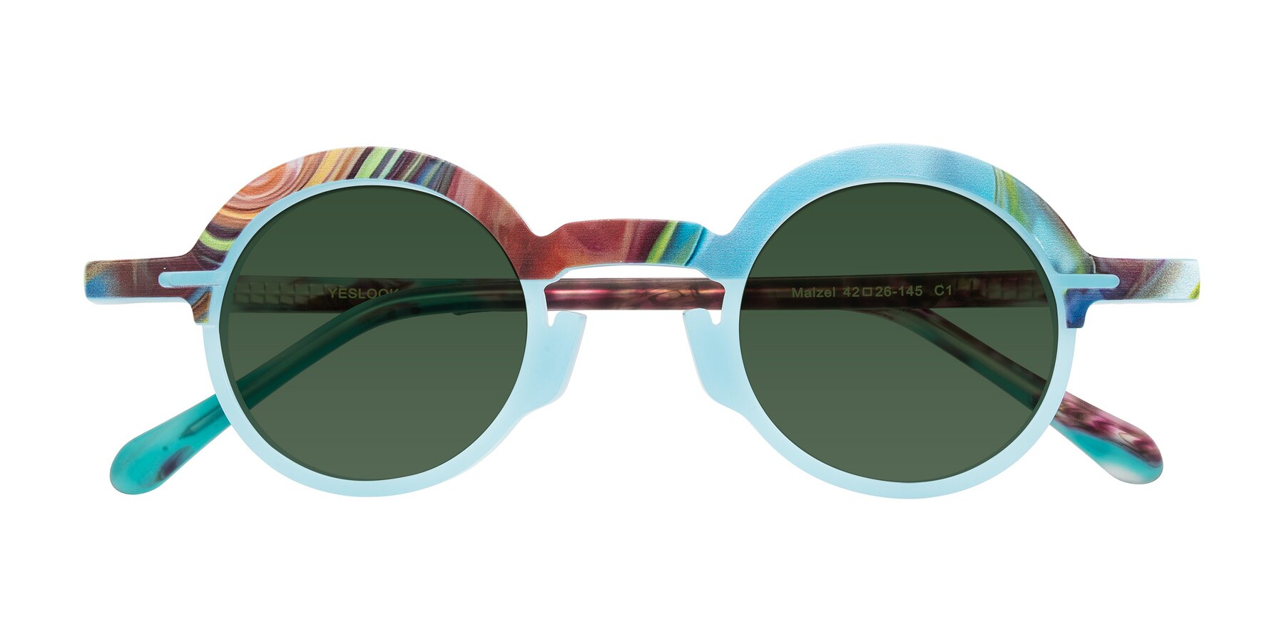 Folded Front of Maizel in Frosted Dream with Green Tinted Lenses