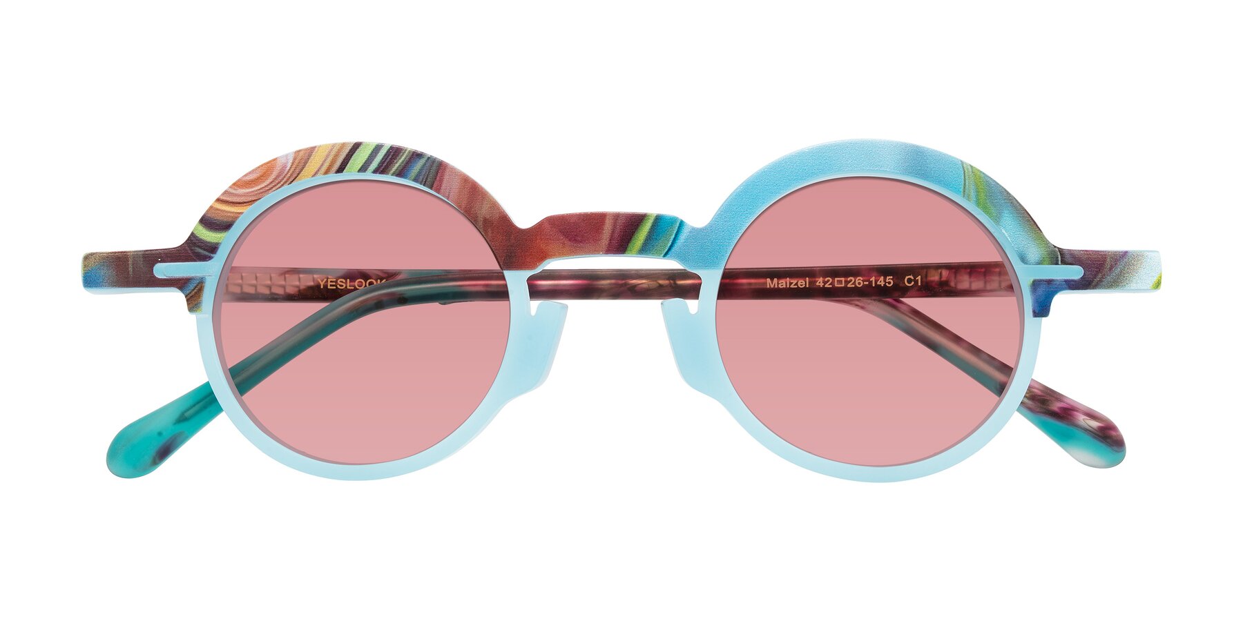 Folded Front of Maizel in Frosted Dream with Medium Garnet Tinted Lenses