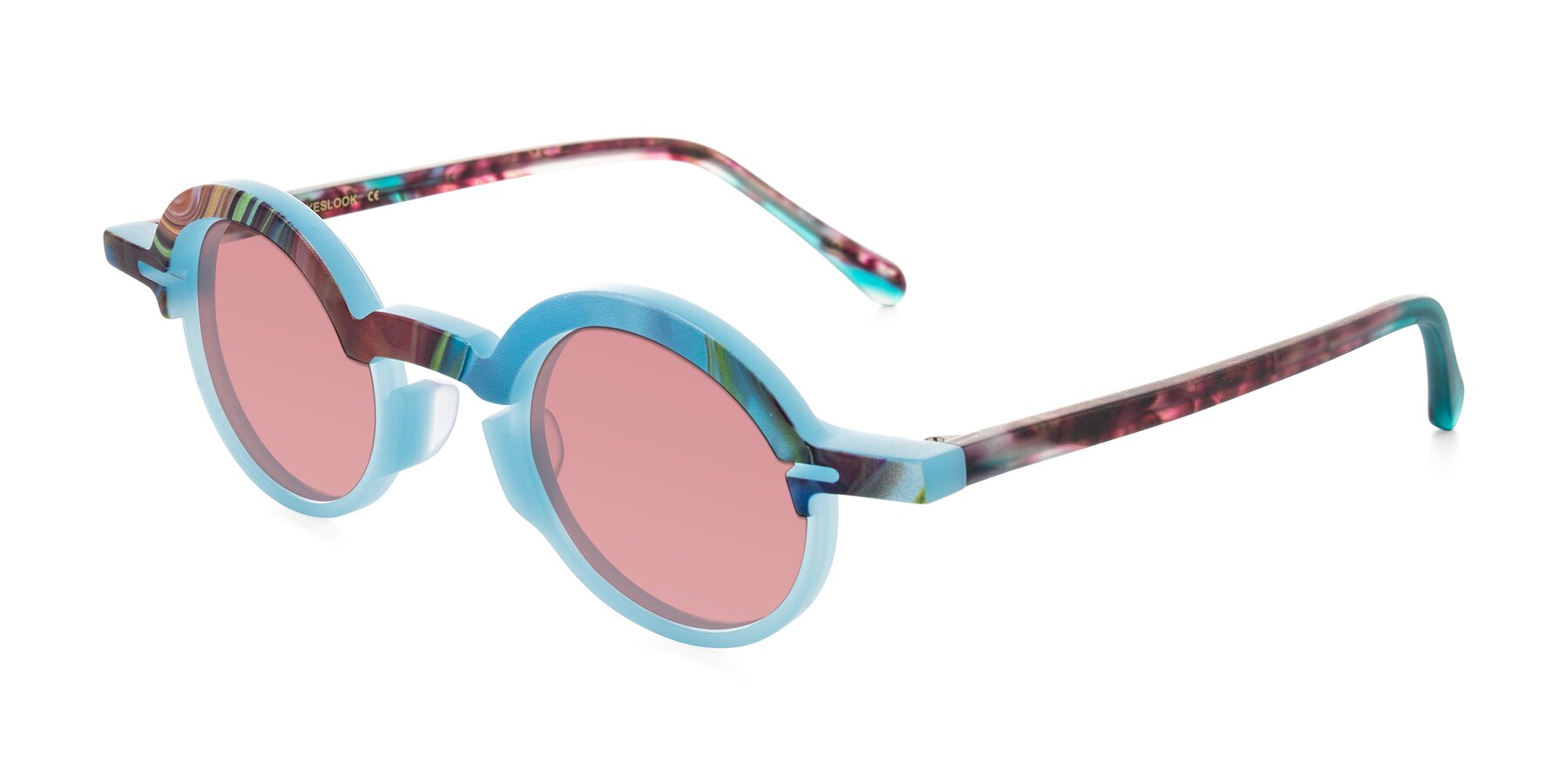Angle of Maizel in Frosted Dream with Medium Garnet Tinted Lenses