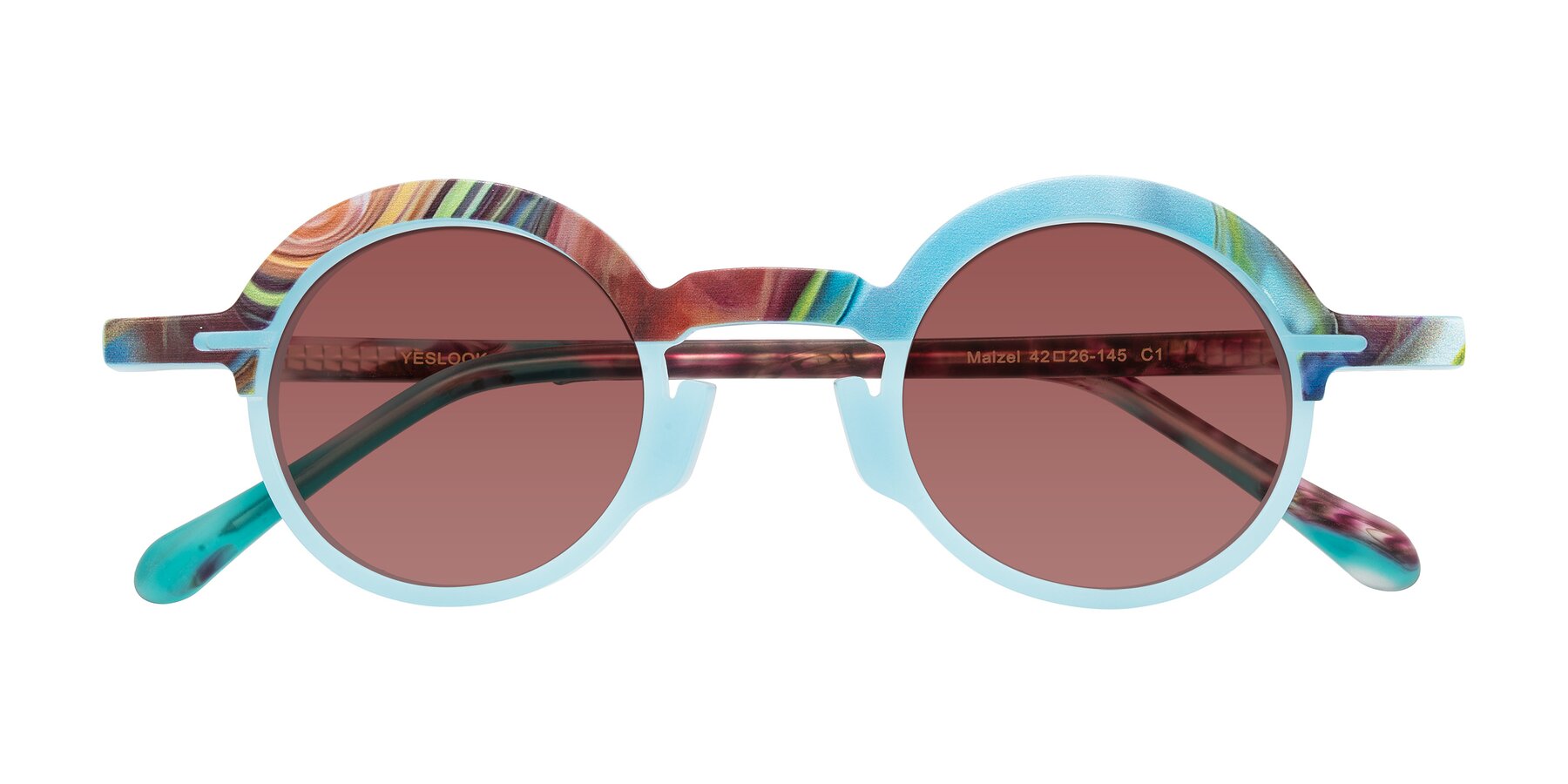 Folded Front of Maizel in Frosted Dream with Garnet Tinted Lenses