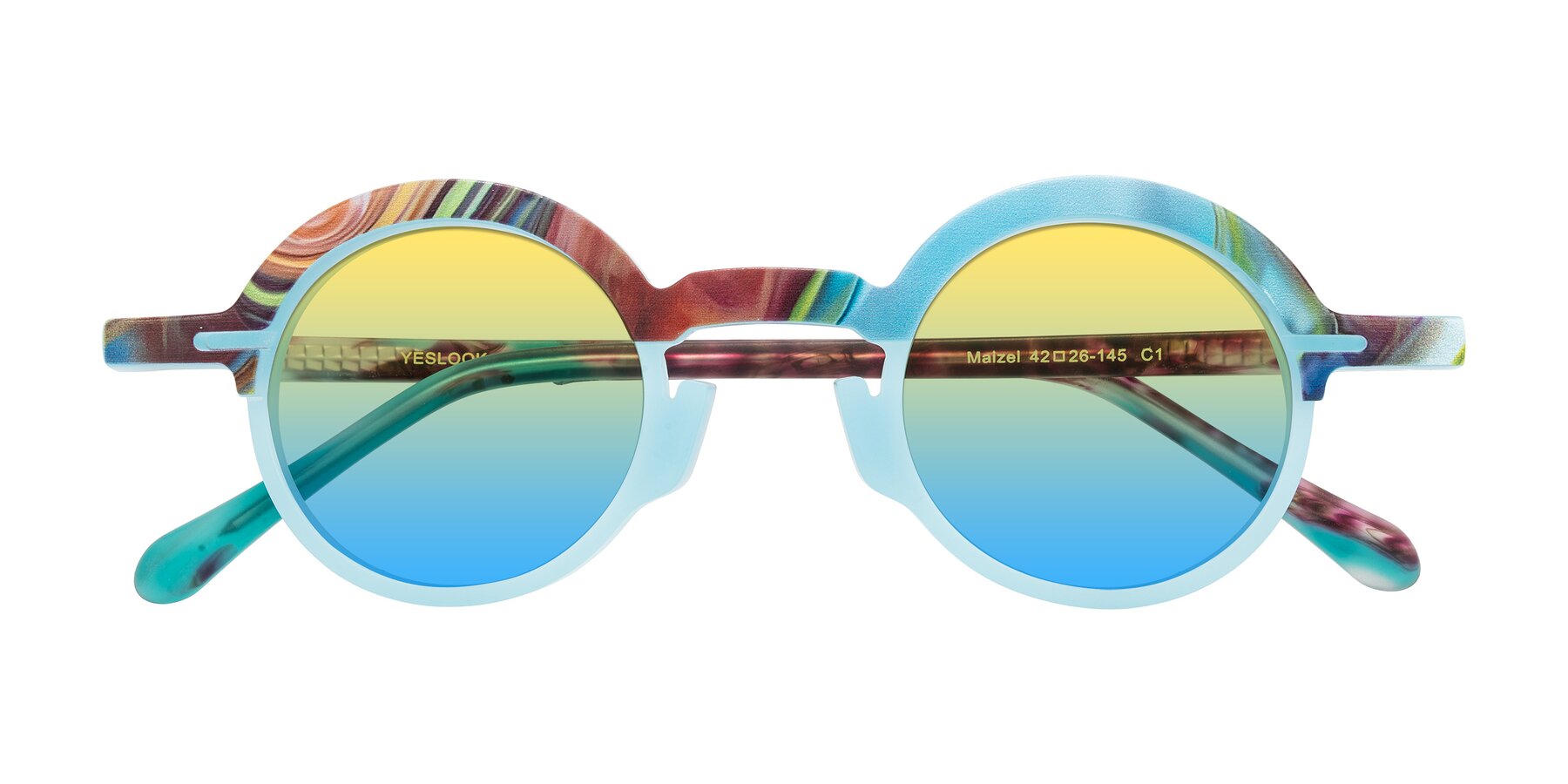 Folded Front of Maizel in Frosted Dream with Yellow / Blue Gradient Lenses