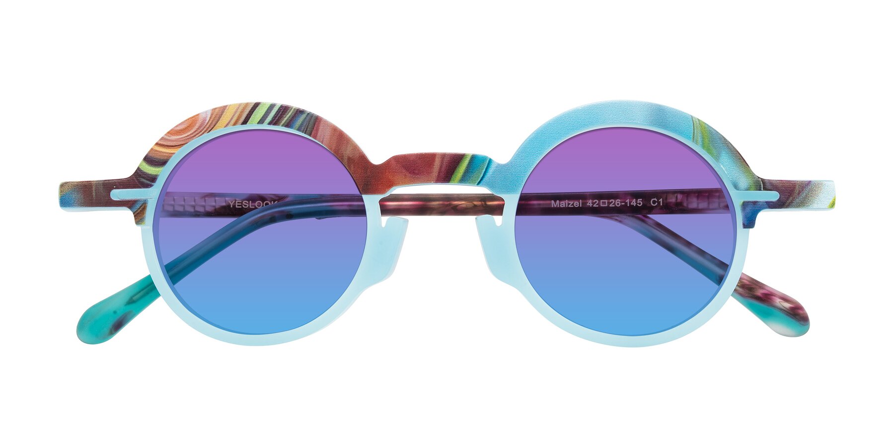 Folded Front of Maizel in Frosted Dream with Purple / Blue Gradient Lenses
