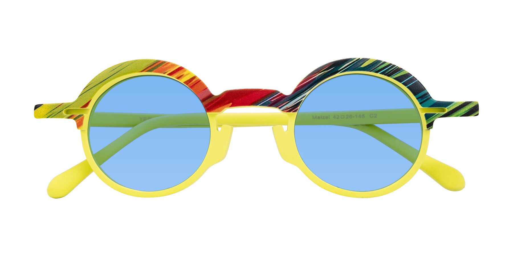 Folded Front of Maizel in Neon Sun with Medium Blue Tinted Lenses