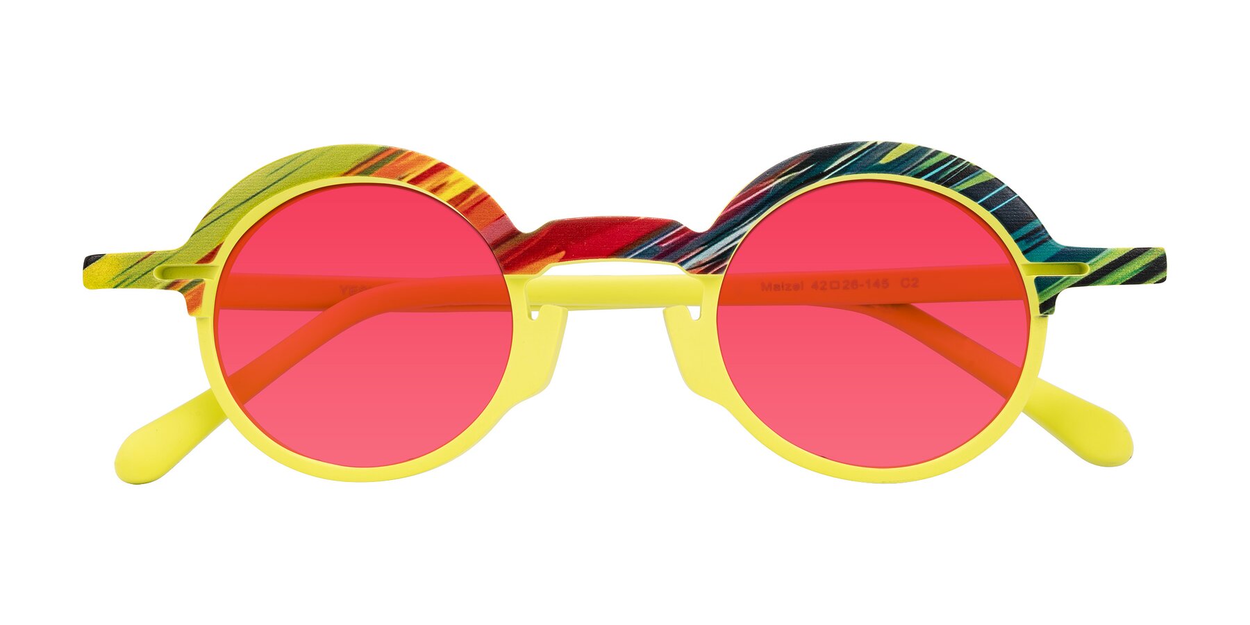 Folded Front of Maizel in Neon Sun with Red Tinted Lenses